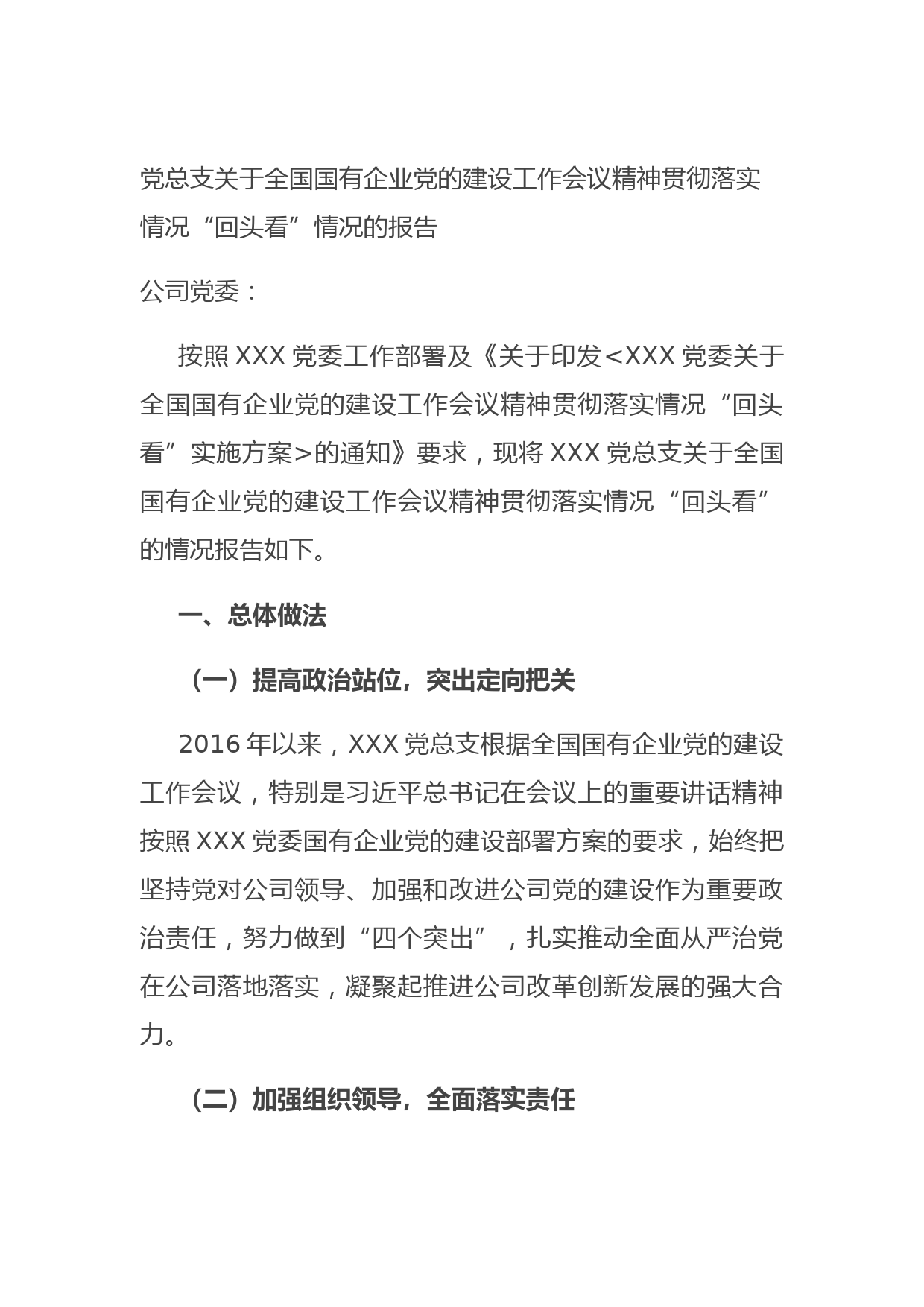 党总支关于全国国有企业党的建设工作会议精神贯彻落实情况“回头看”情况的报告