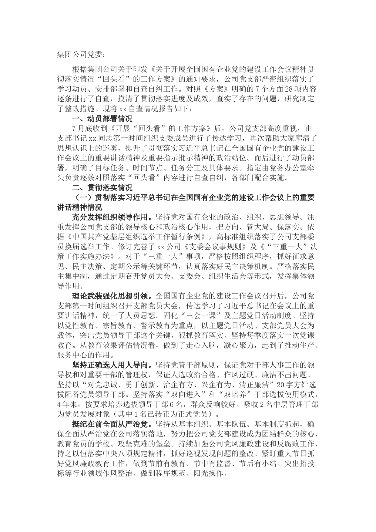 全国国有企业党建工作会议精神贯彻落实情况“回头看”自查报告