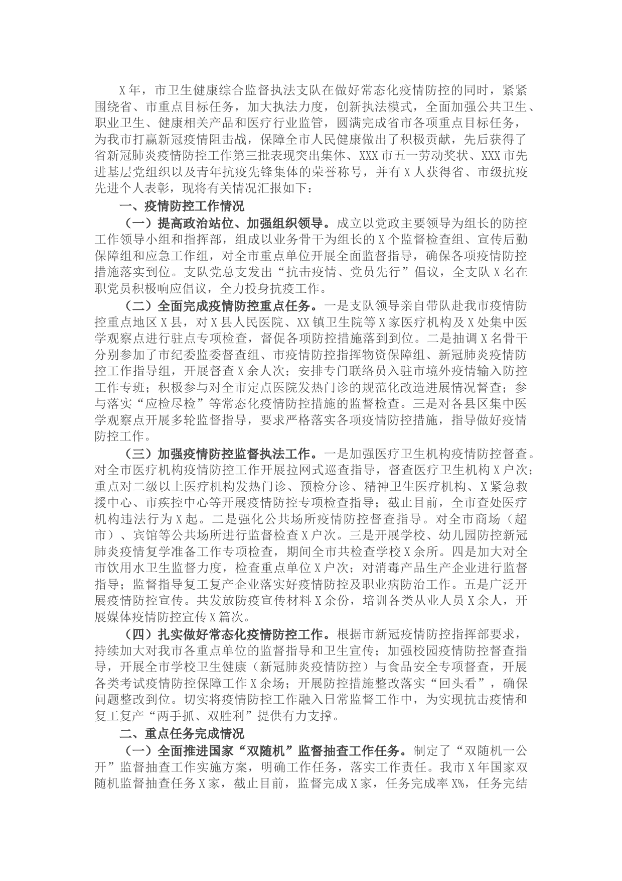 卫生健康综合监督执法支队工作总结及X年工作计划