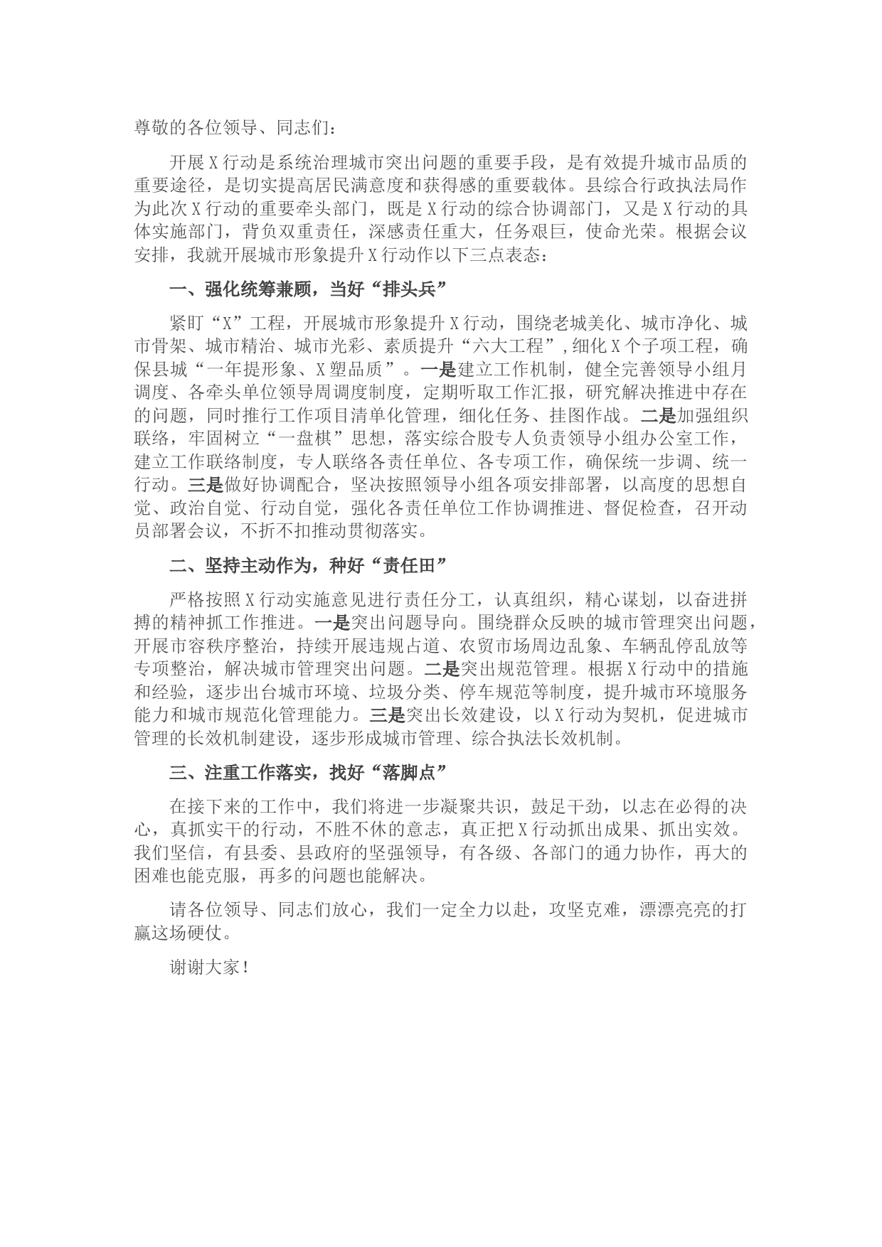 县综合行政执法局专项工作开展表态发言