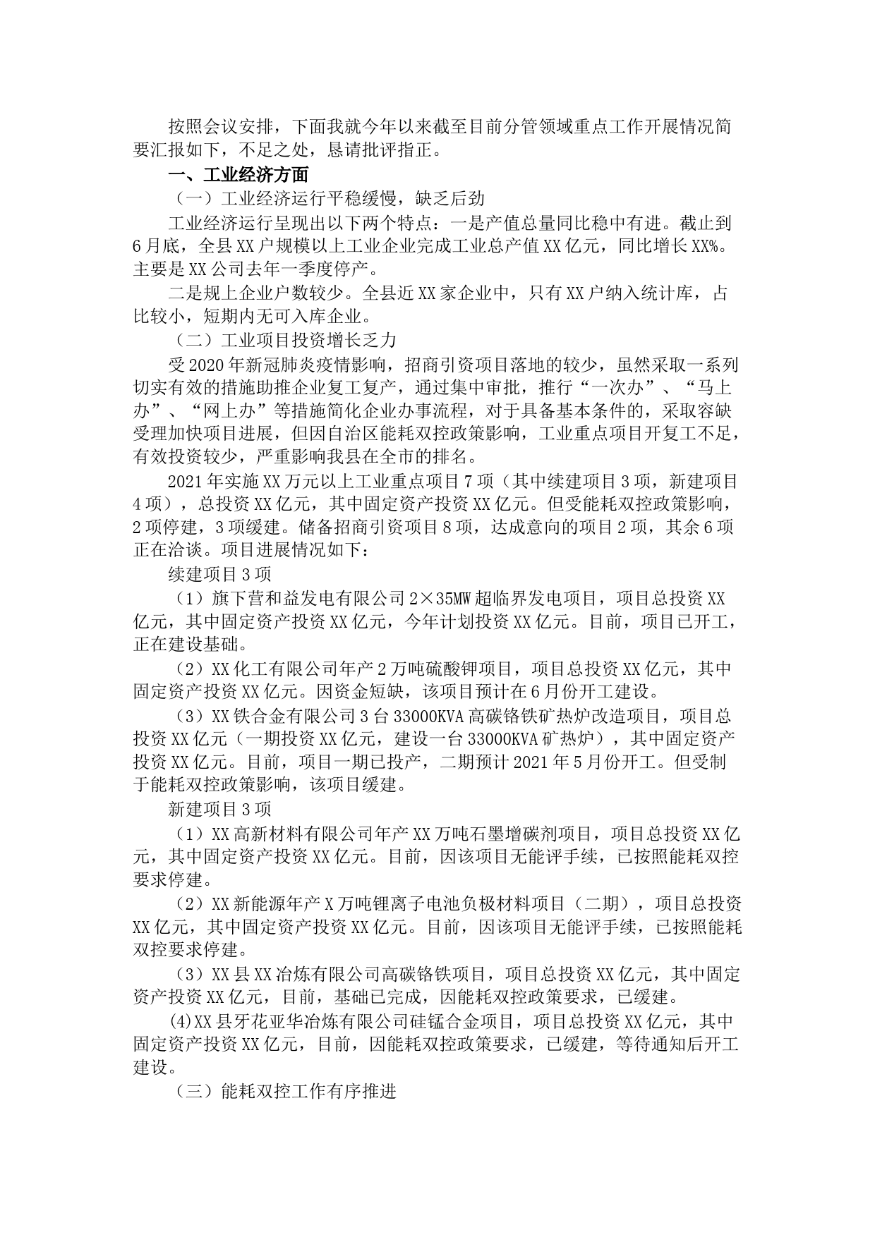 政府副县长分管领域重点工作开展情况汇报材料