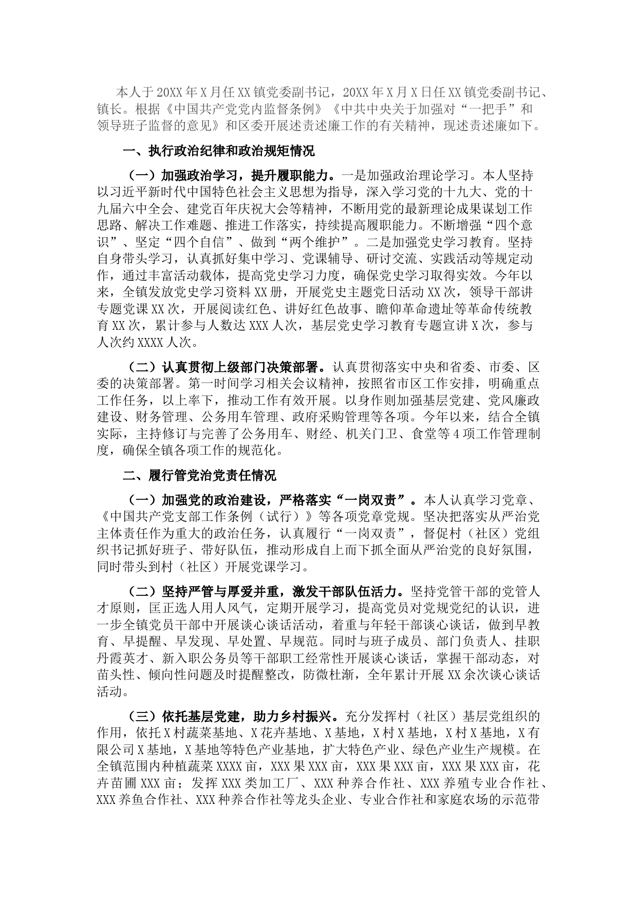 镇党委副书记、镇长述责述廉报告