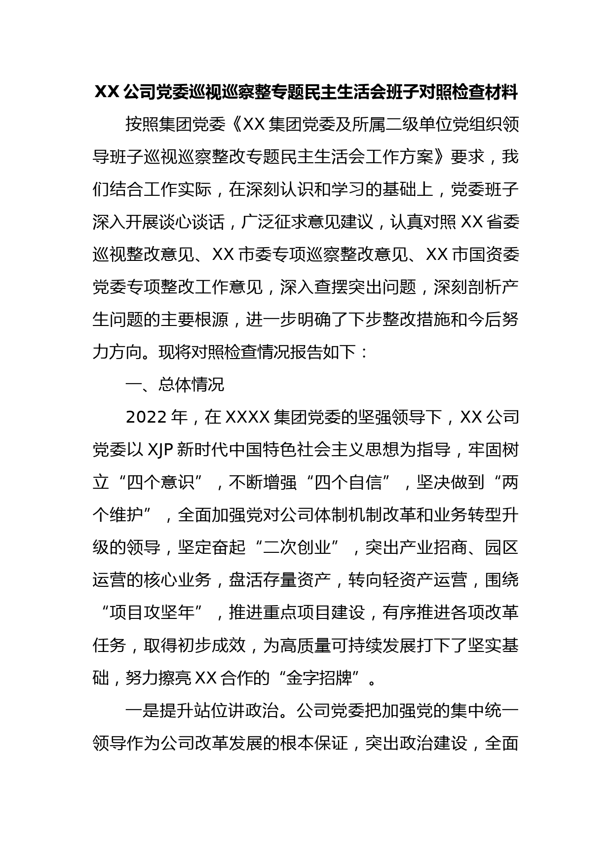 XX公司党委巡视巡察整专题民主生活会班子对照检查材料