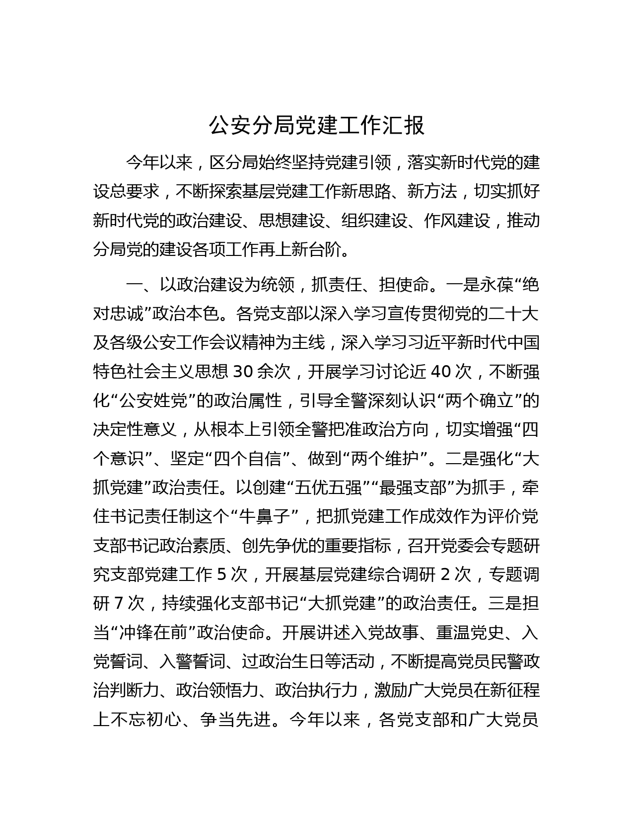 公安分局党建工作汇报