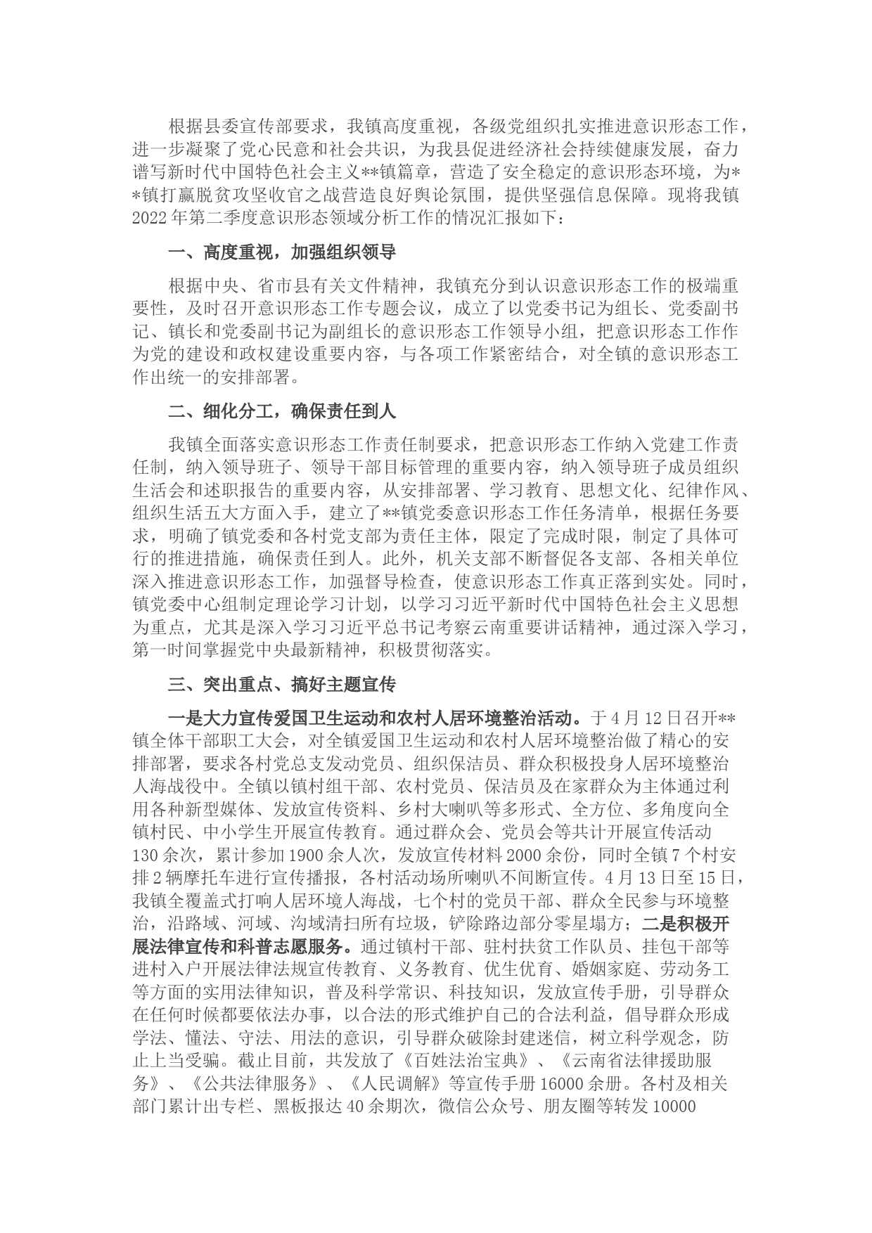 旧城镇2022年第二季度意识形态领域分析的报告