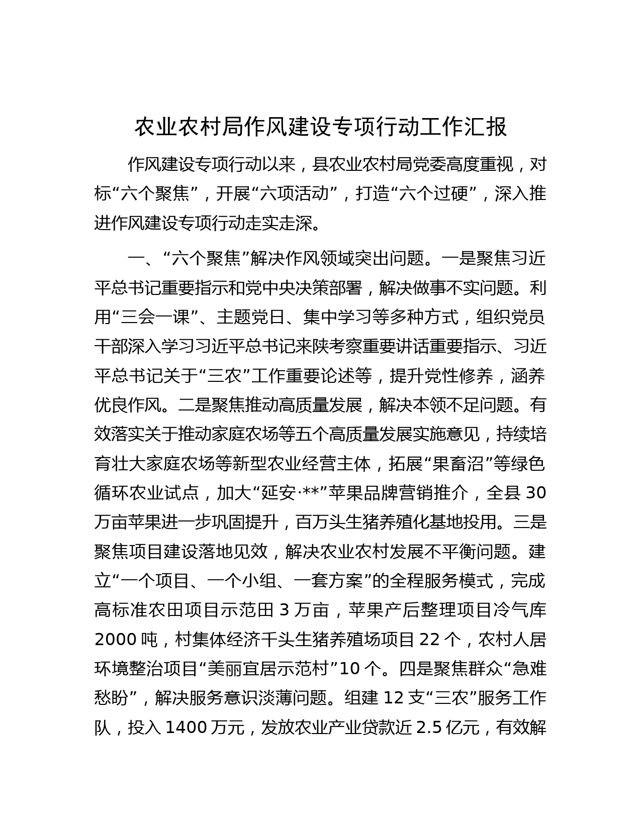 农业农村局作风建设专项行动工作汇报