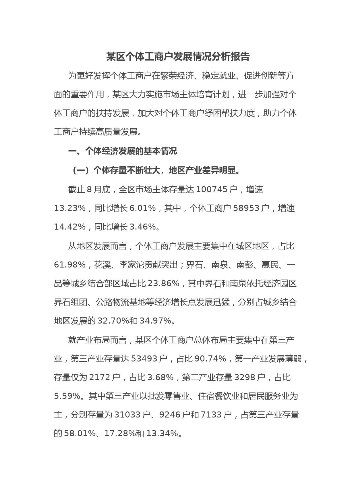 某区个体工商户发展情况分析报告