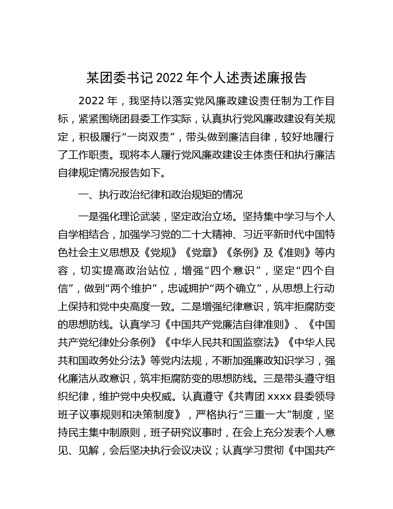 某团委书记2022年个人述责述廉报告