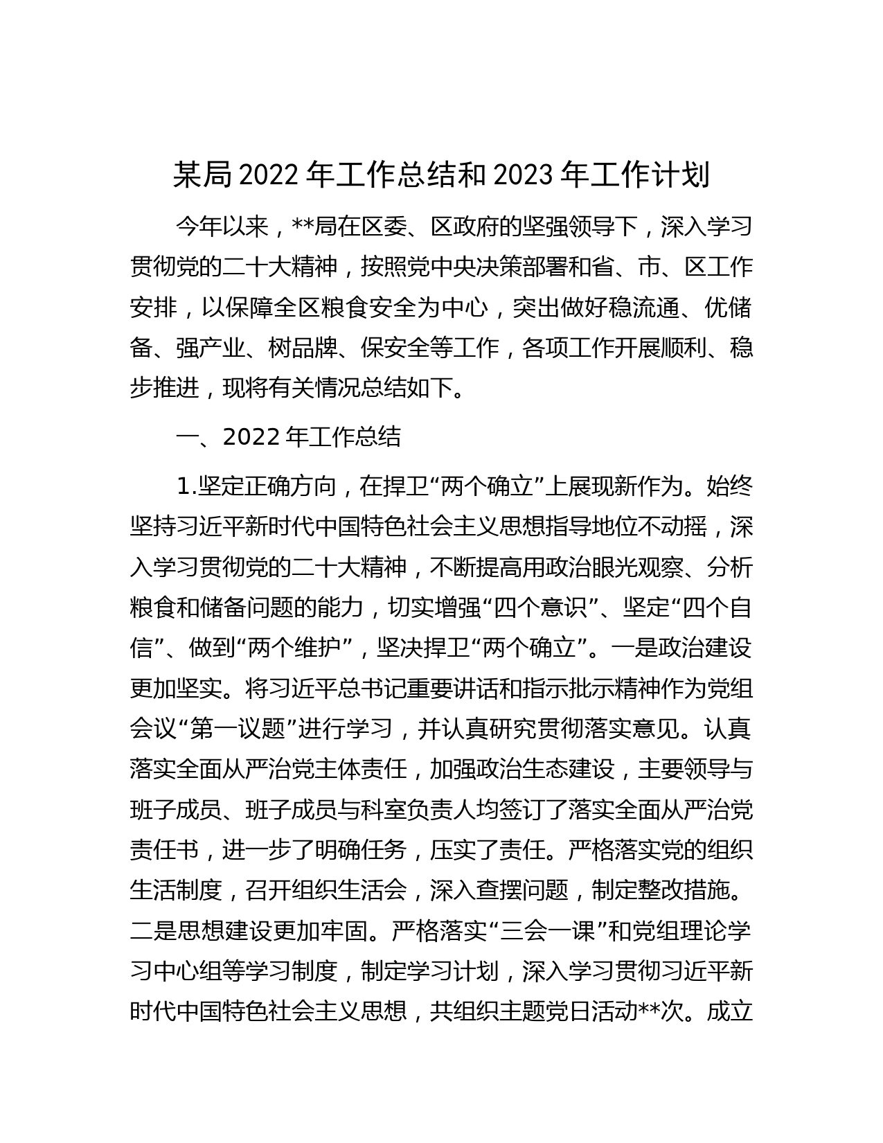 某局2022年工作总结和2023年工作计划