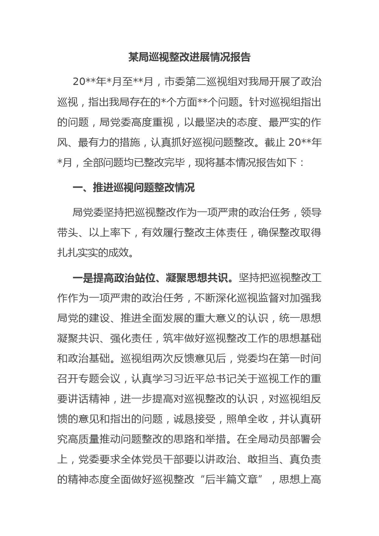 某局巡视整改进展情况报告