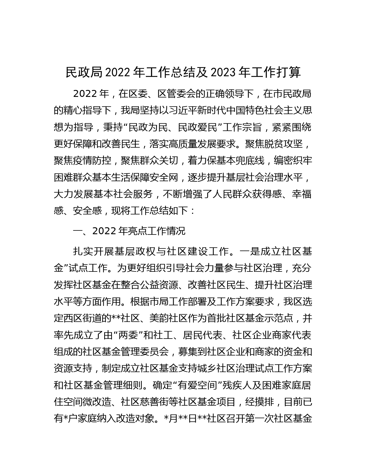 民政局2022年工作总结及2023年工作打算