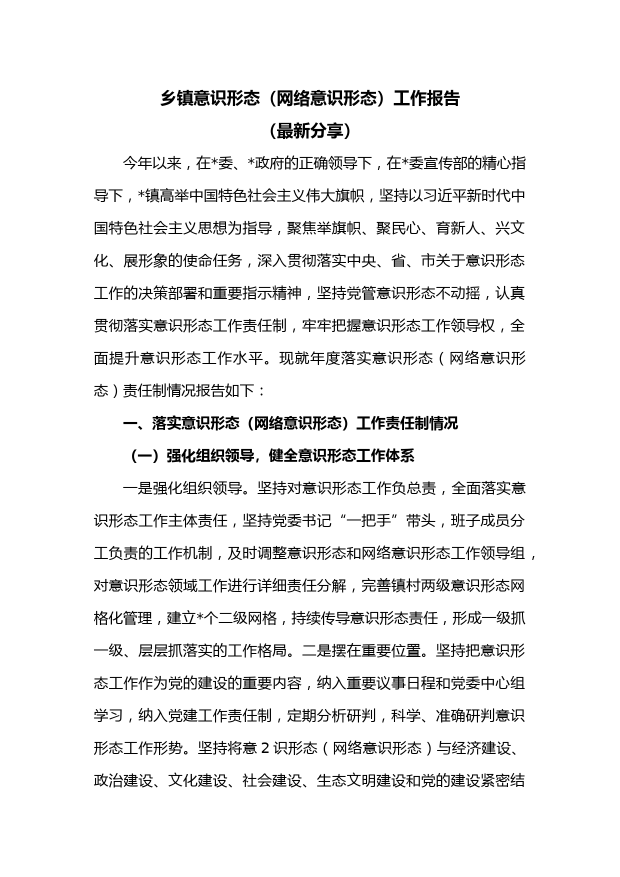 乡镇意识形态（网络意识形态）工作报告