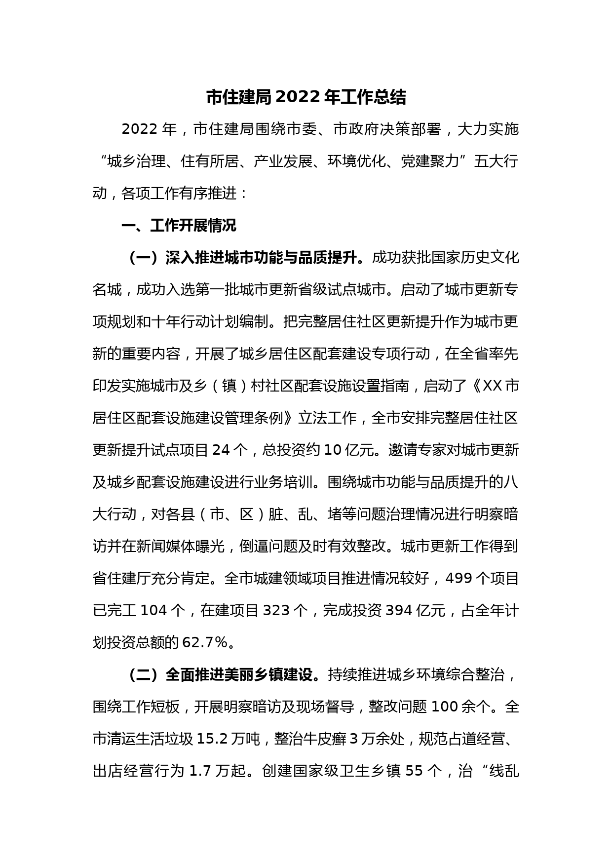 市住建局2022年工作总结