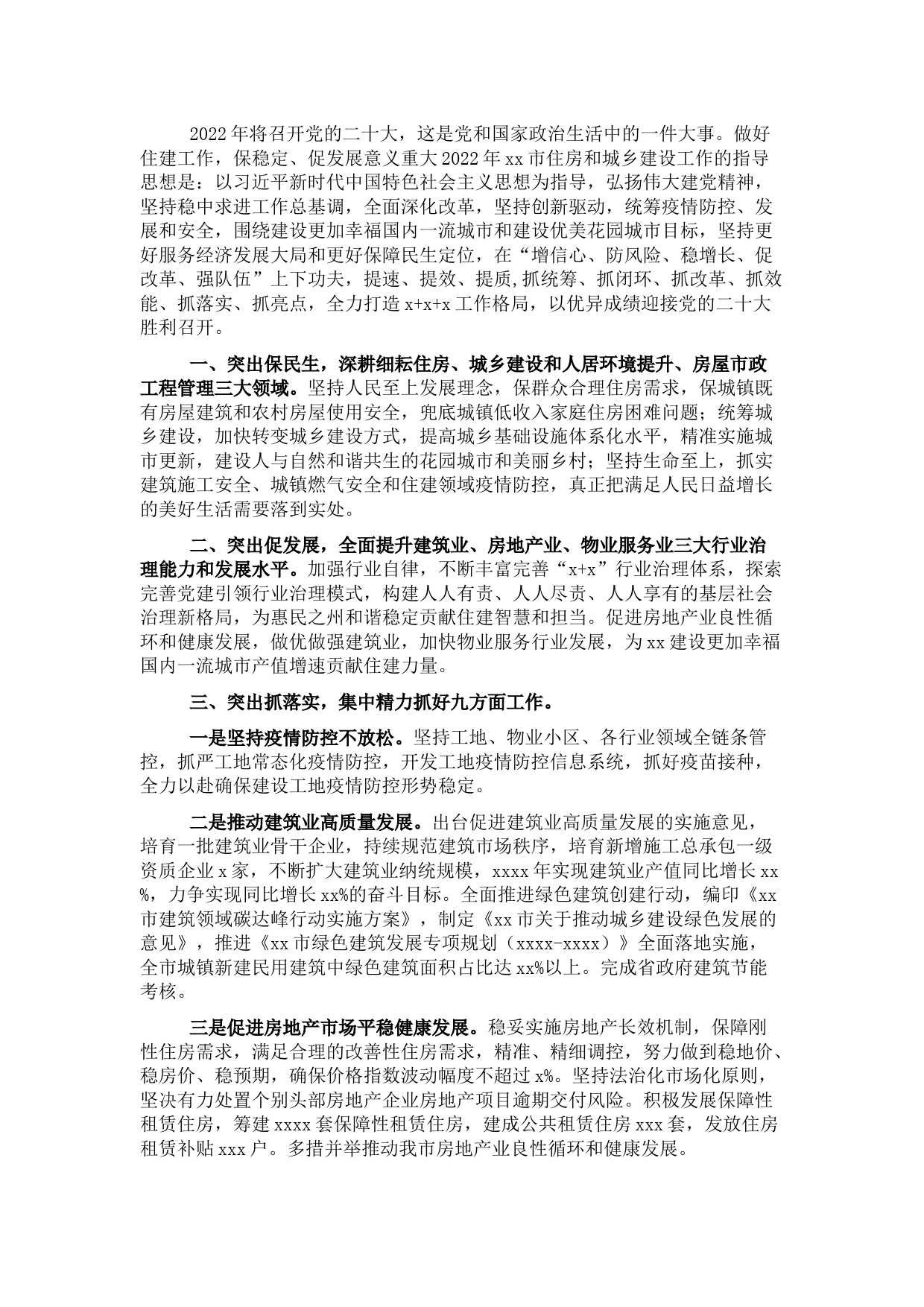 市住建局2022年工作要点