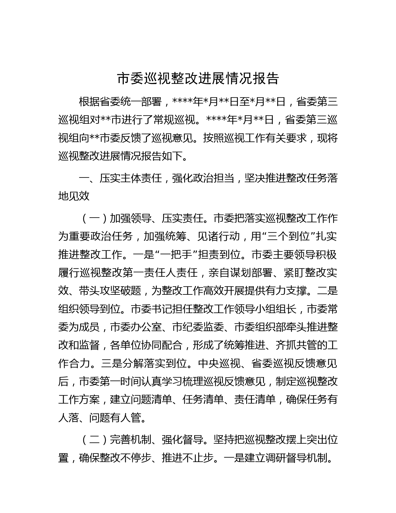 市委巡视整改进展情况报告