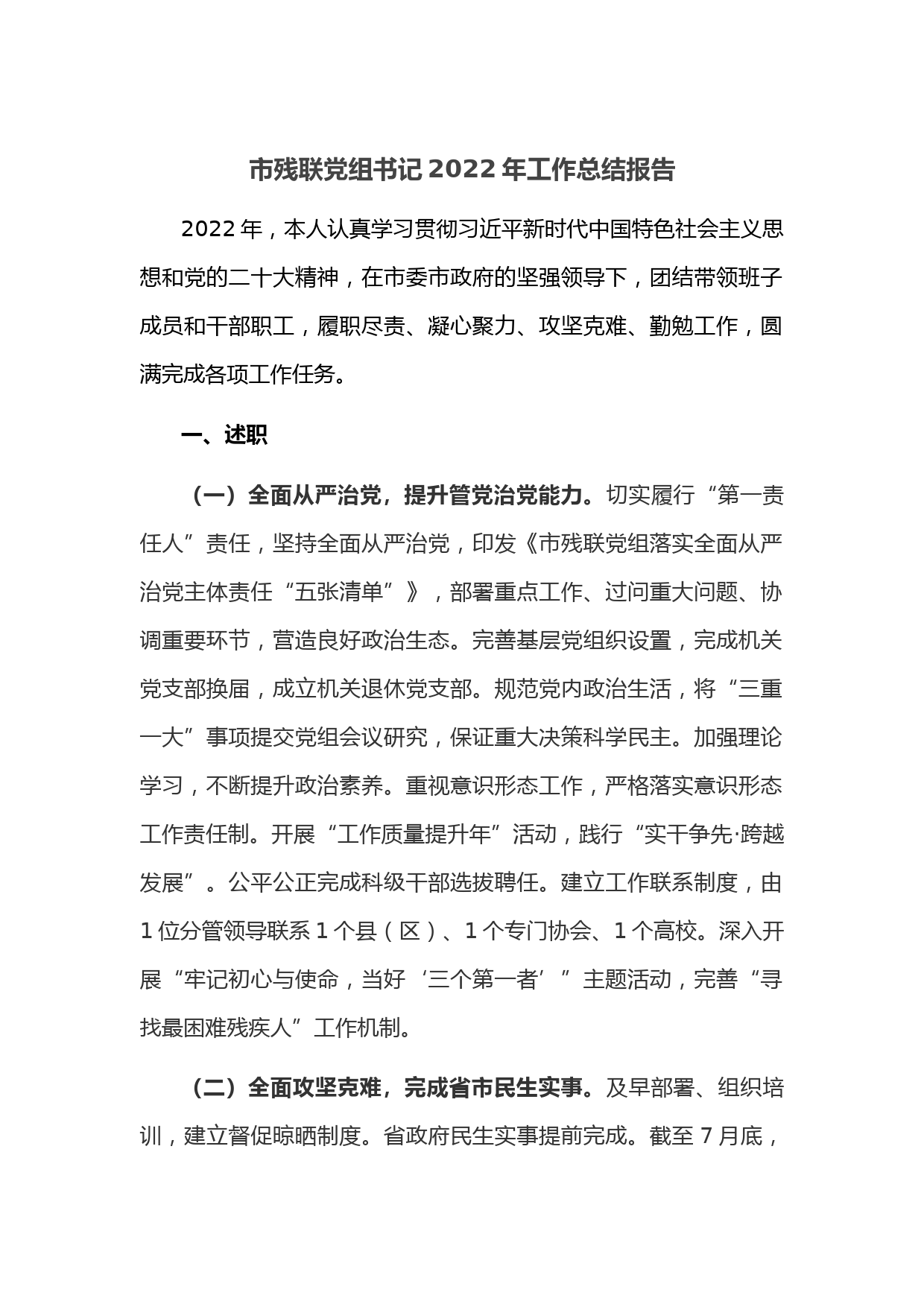 市残联党组书记2022年工作总结报告