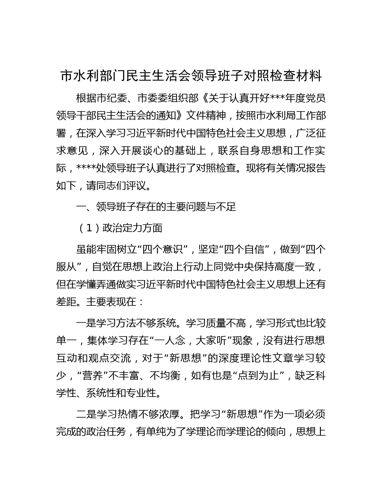 市水利部门民主生活会领导班子对照检查材料