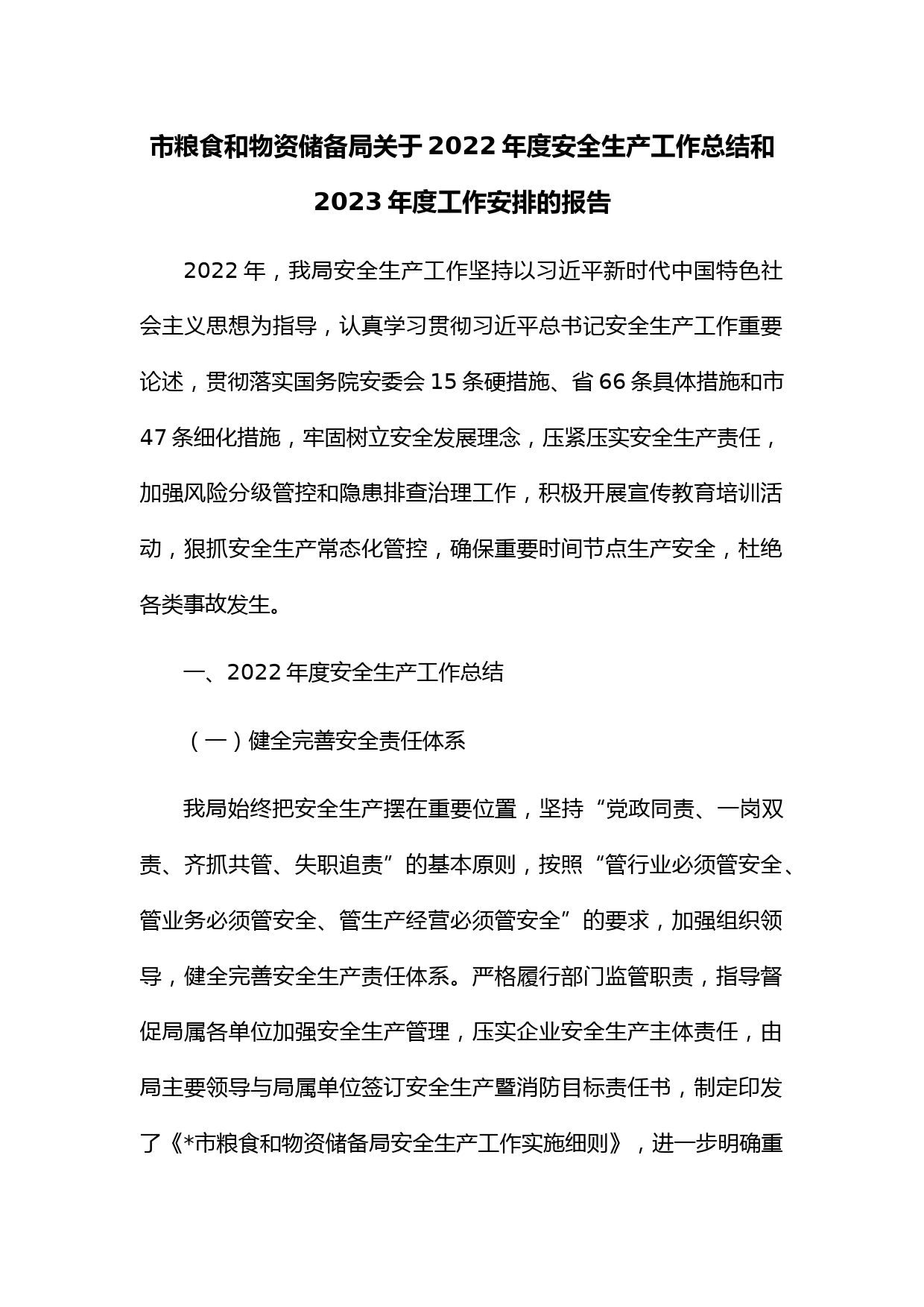市粮食和物资储备局关于2022年度安全生产工作总结和2023年度工作安排的报告