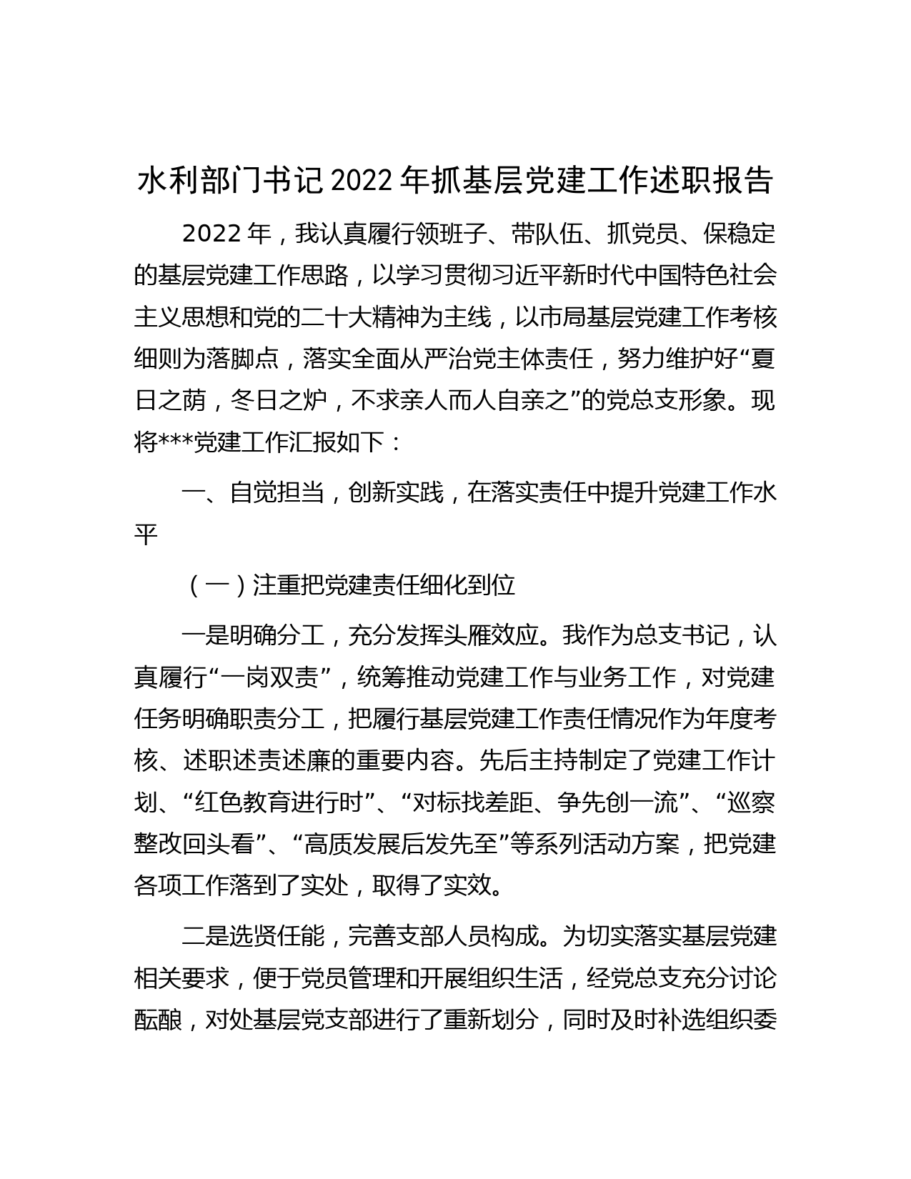 水利部门书记2022年抓基层党建工作述职报告