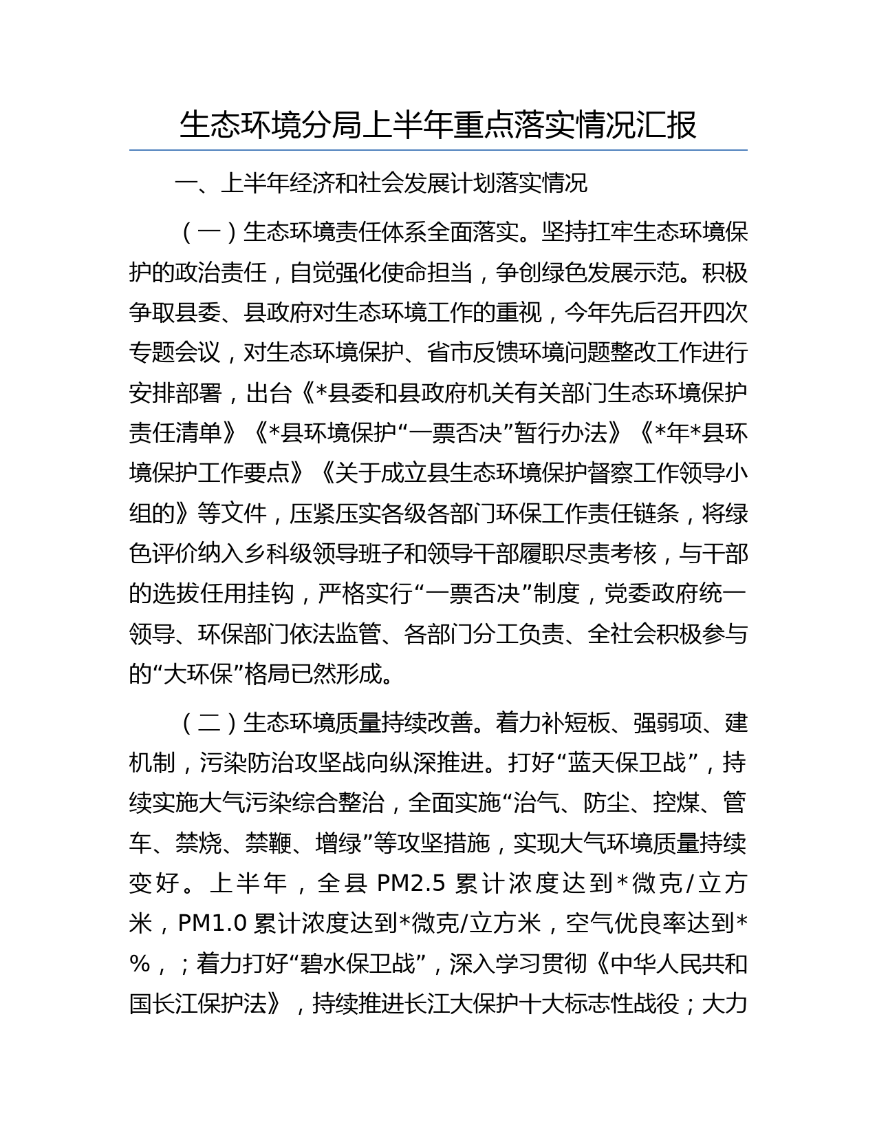 生态环境分局上半年重点落实情况汇报