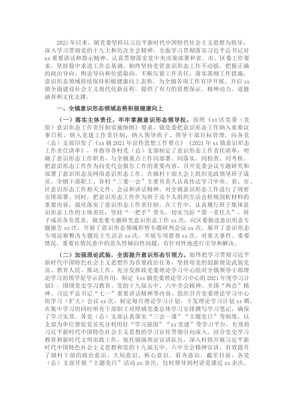 镇党委意识形态领域工作情况汇报