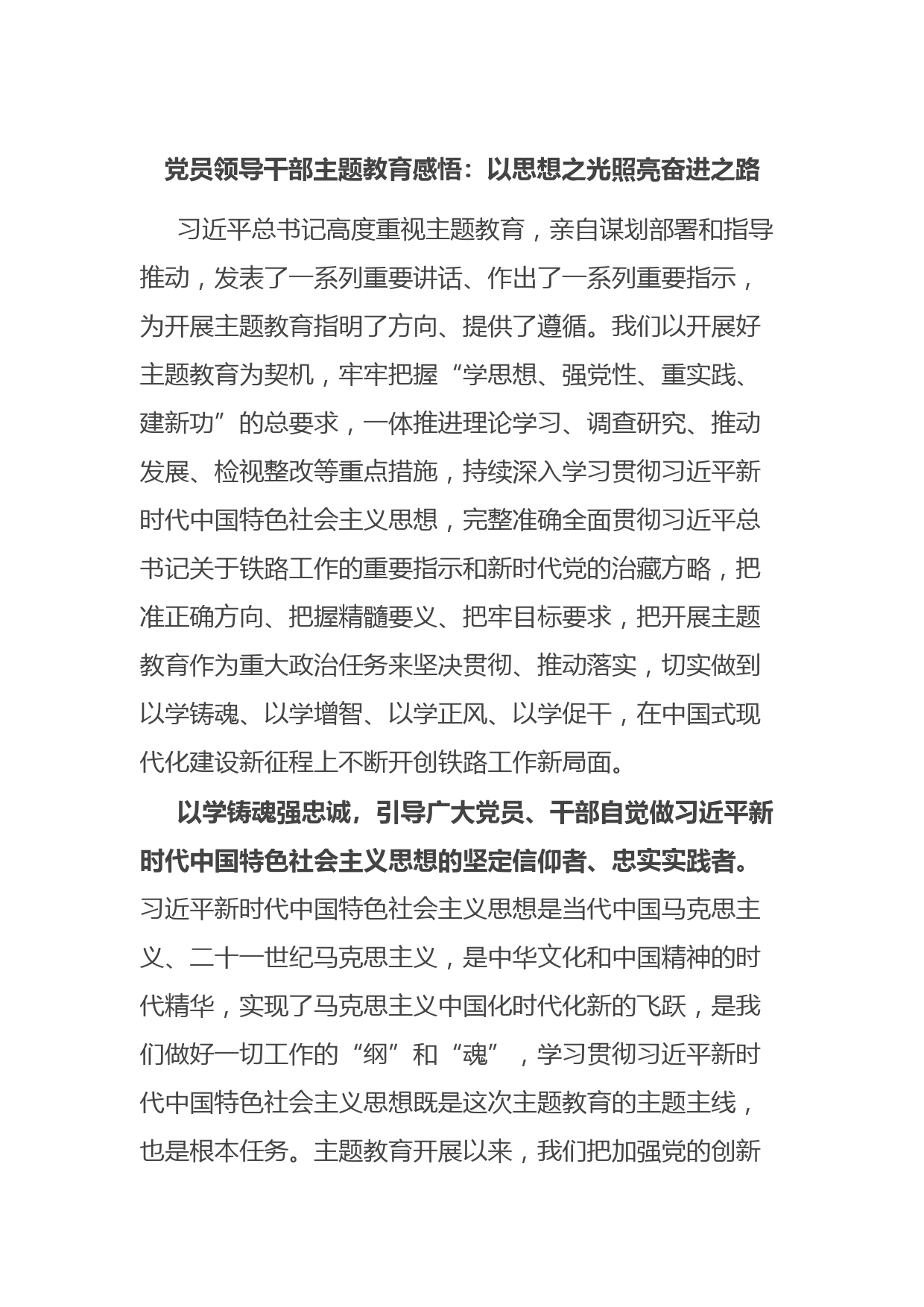 党员领导干部主题教育感悟：以思想之光照亮奋进之路