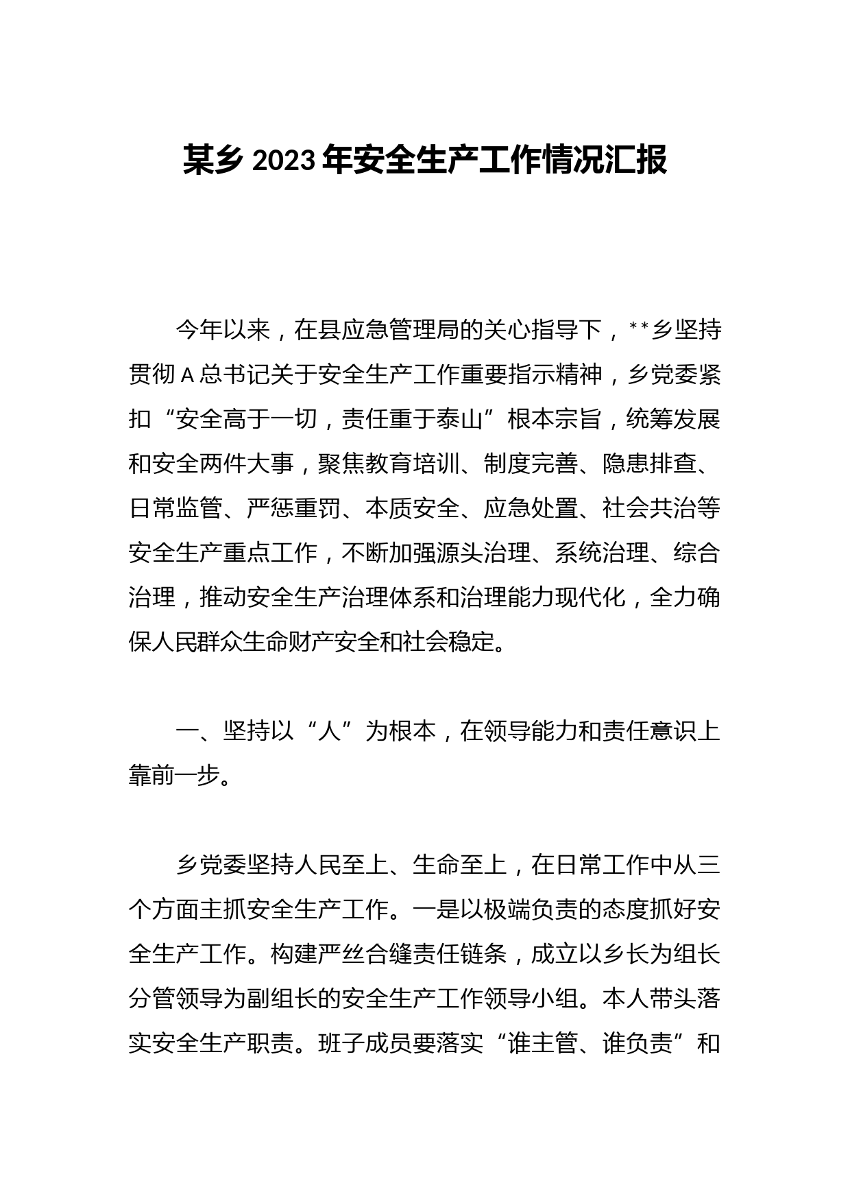 某乡2023年安全生产工作情况汇报