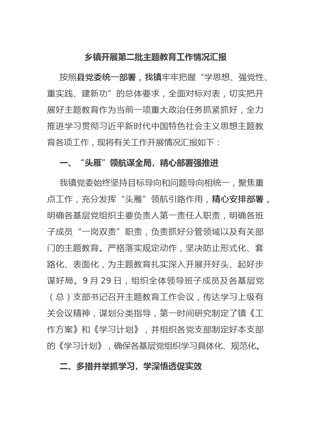乡镇开展第二批主题教育工作情况汇报