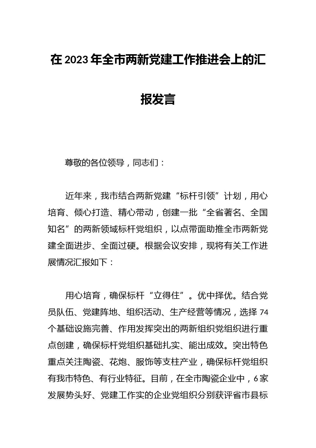 在2023年全市两新党建工作推进会上的汇报发言