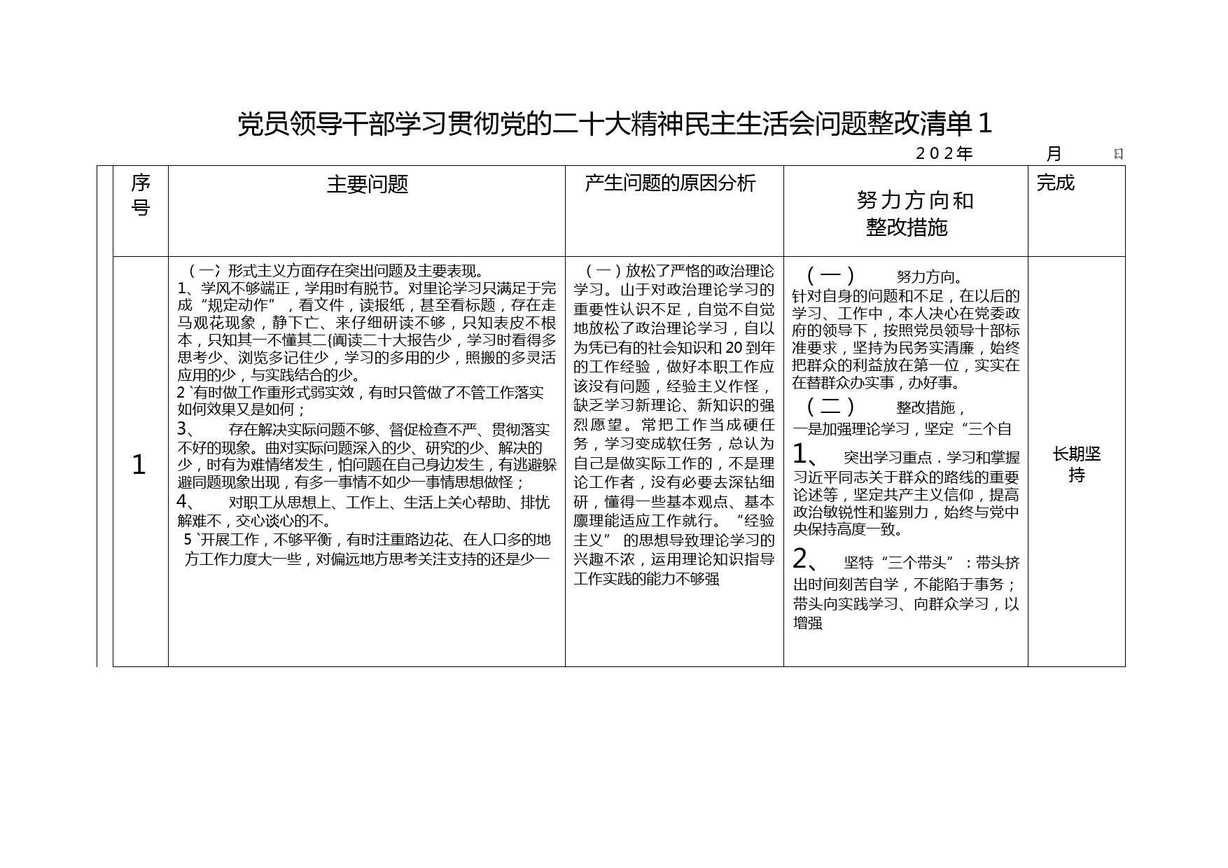党员领导干部学习贯彻党的二十（da）精神民主生活会问题整改清单