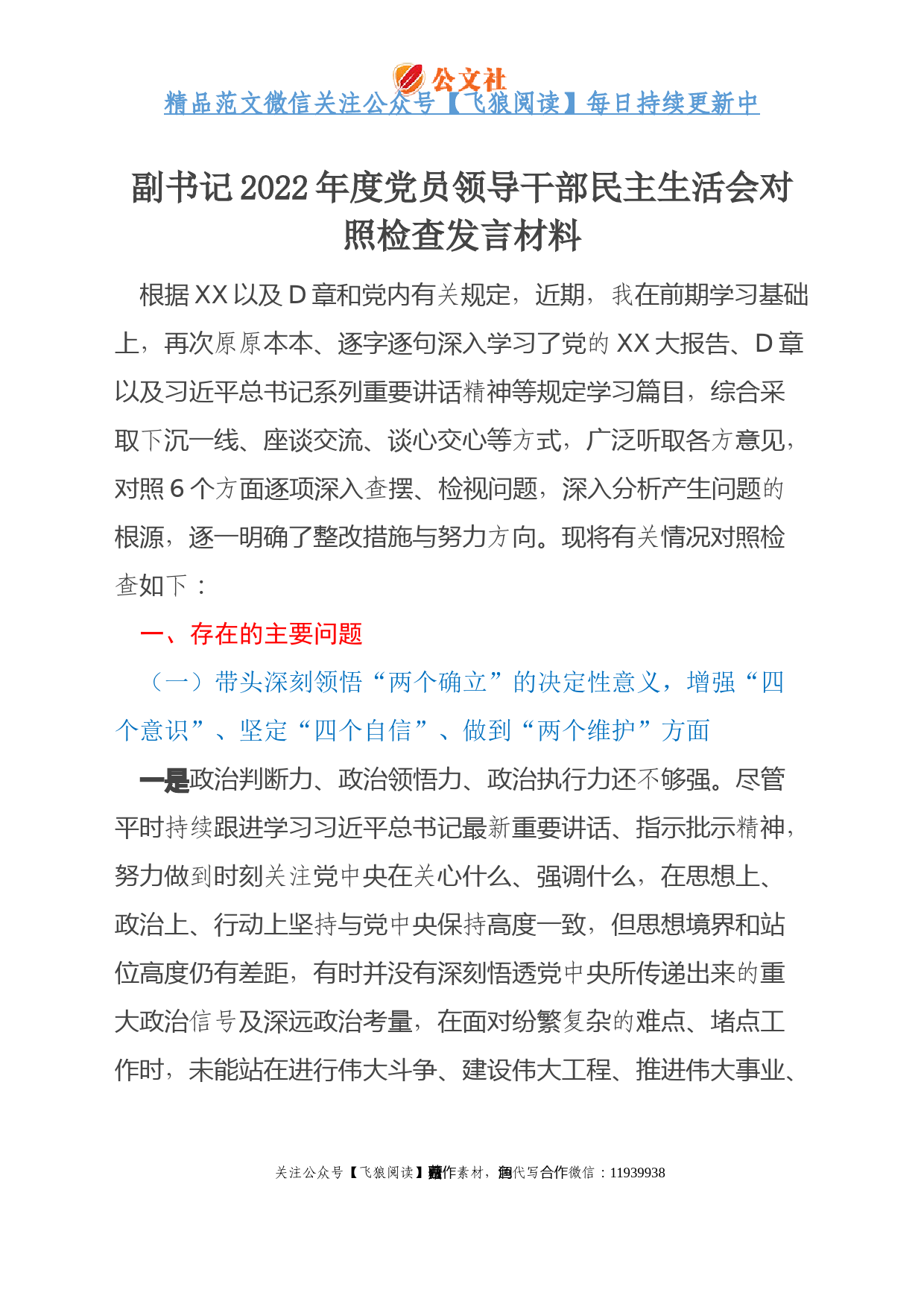 副书记2022年度党员领导干部民主生活会对照检查发言材料