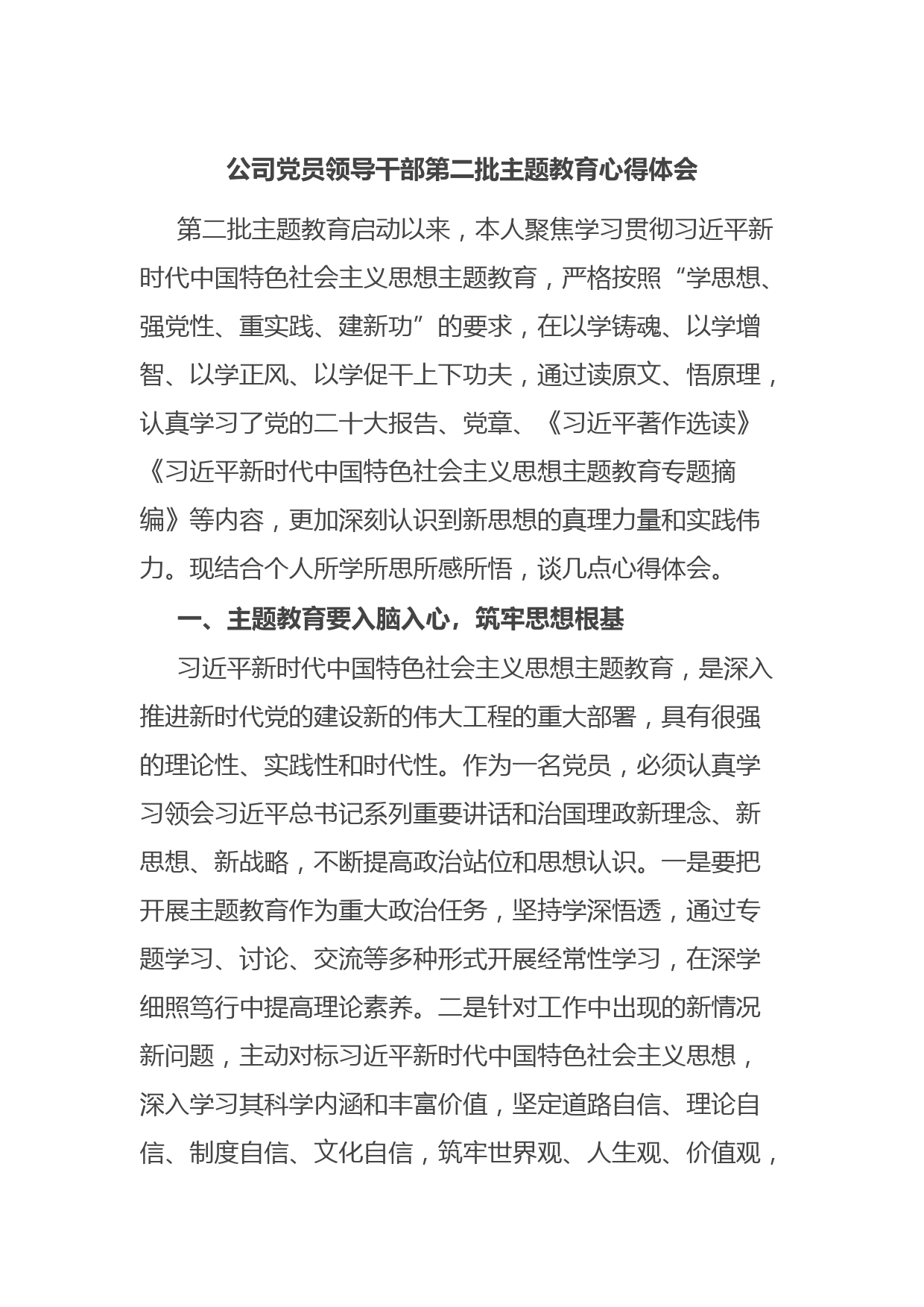 公司党员领导干部第二批主题教育心得体会