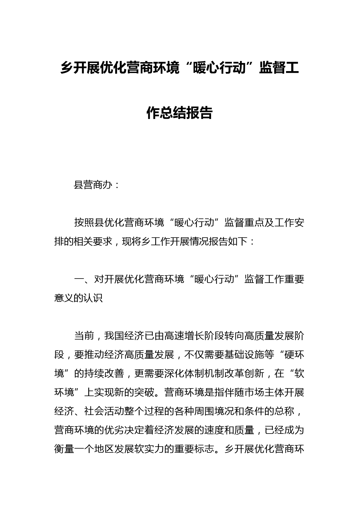 乡开展优化营商环境“暖心行动”监督工作总结报告