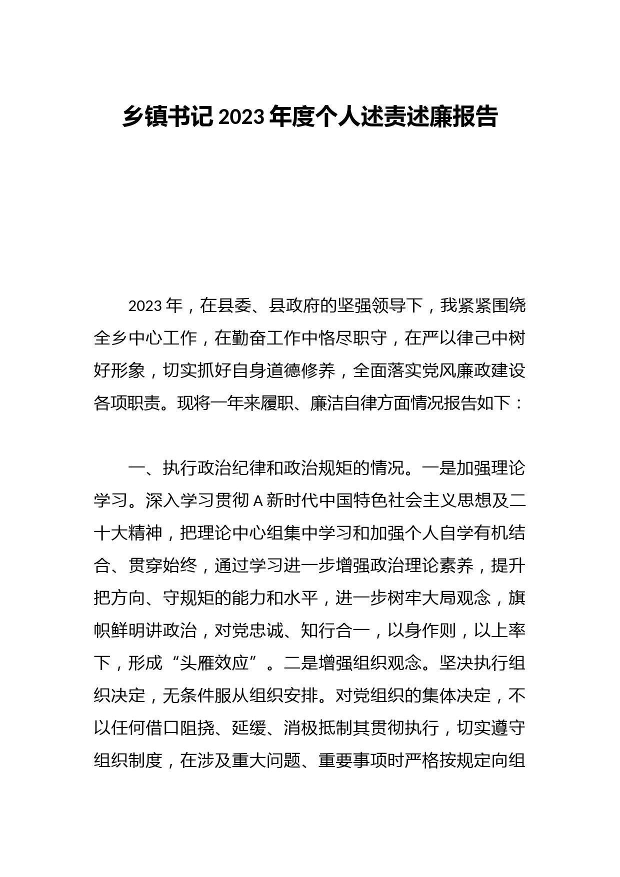 乡镇书记2023年度个人述责述廉报告