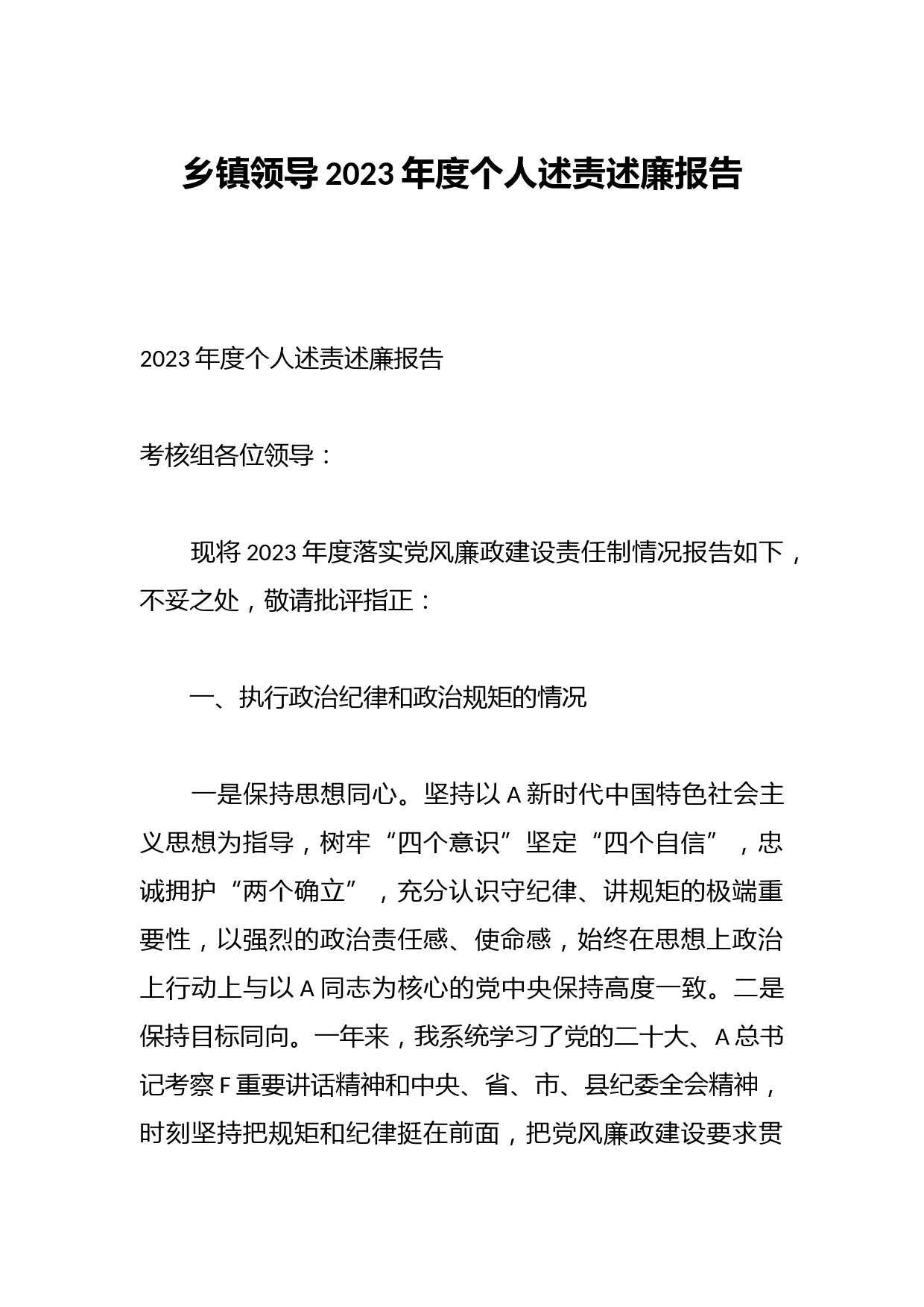 乡镇领导2023年度个人述责述廉报告