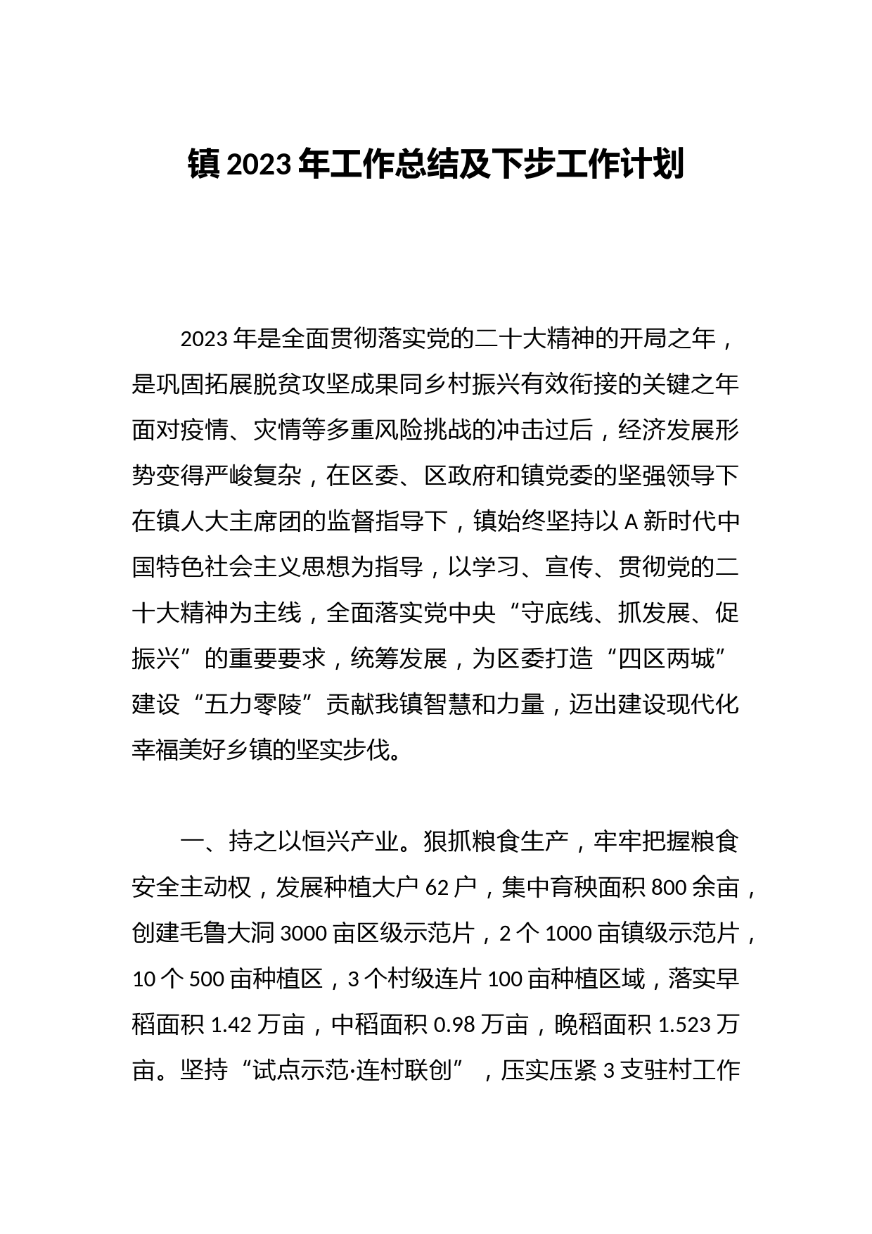 镇2023年工作总结及下步工作计划