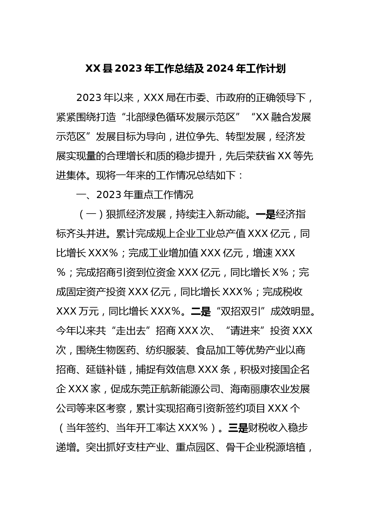 XX县2023年工作总结及2024年工作计划