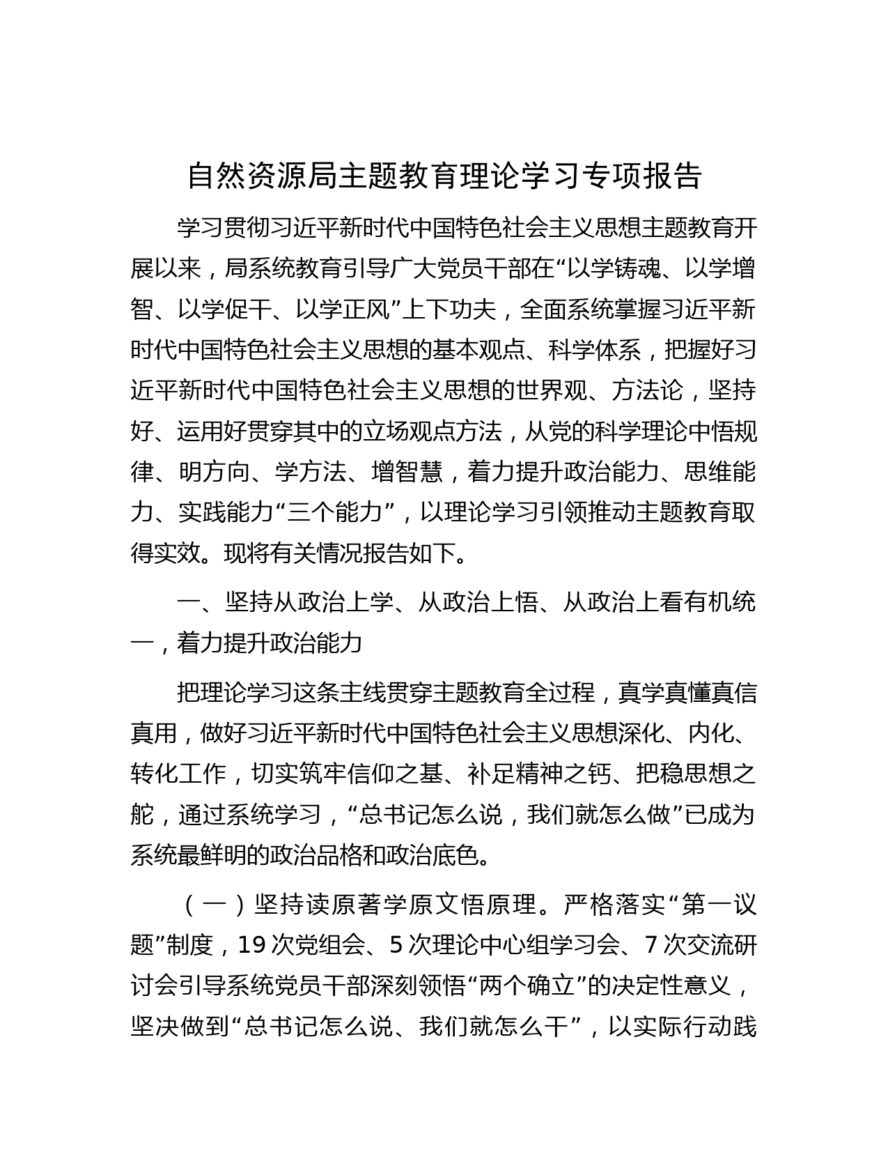 自然资源局主题教育理论学习专项报告
