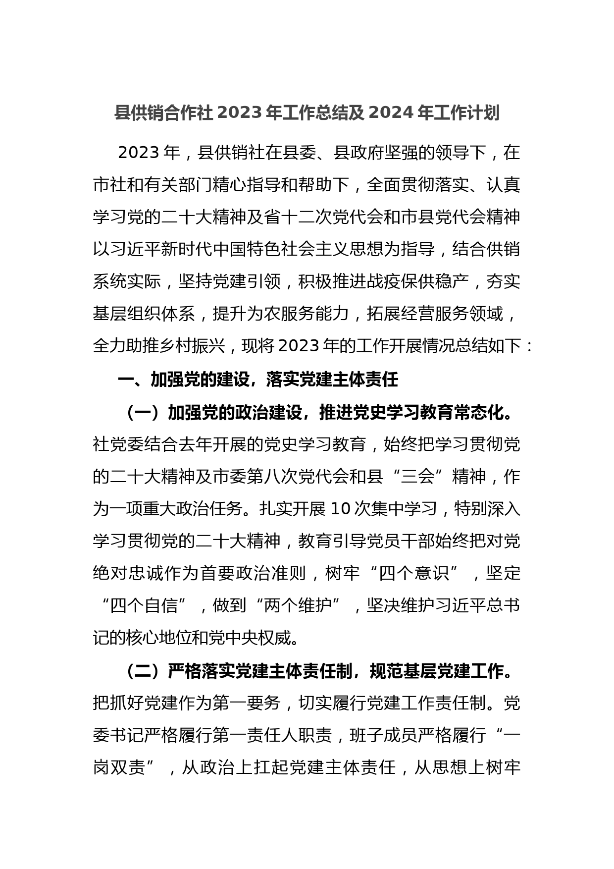 县供销合作社2023年工作总结及2024年工作计划