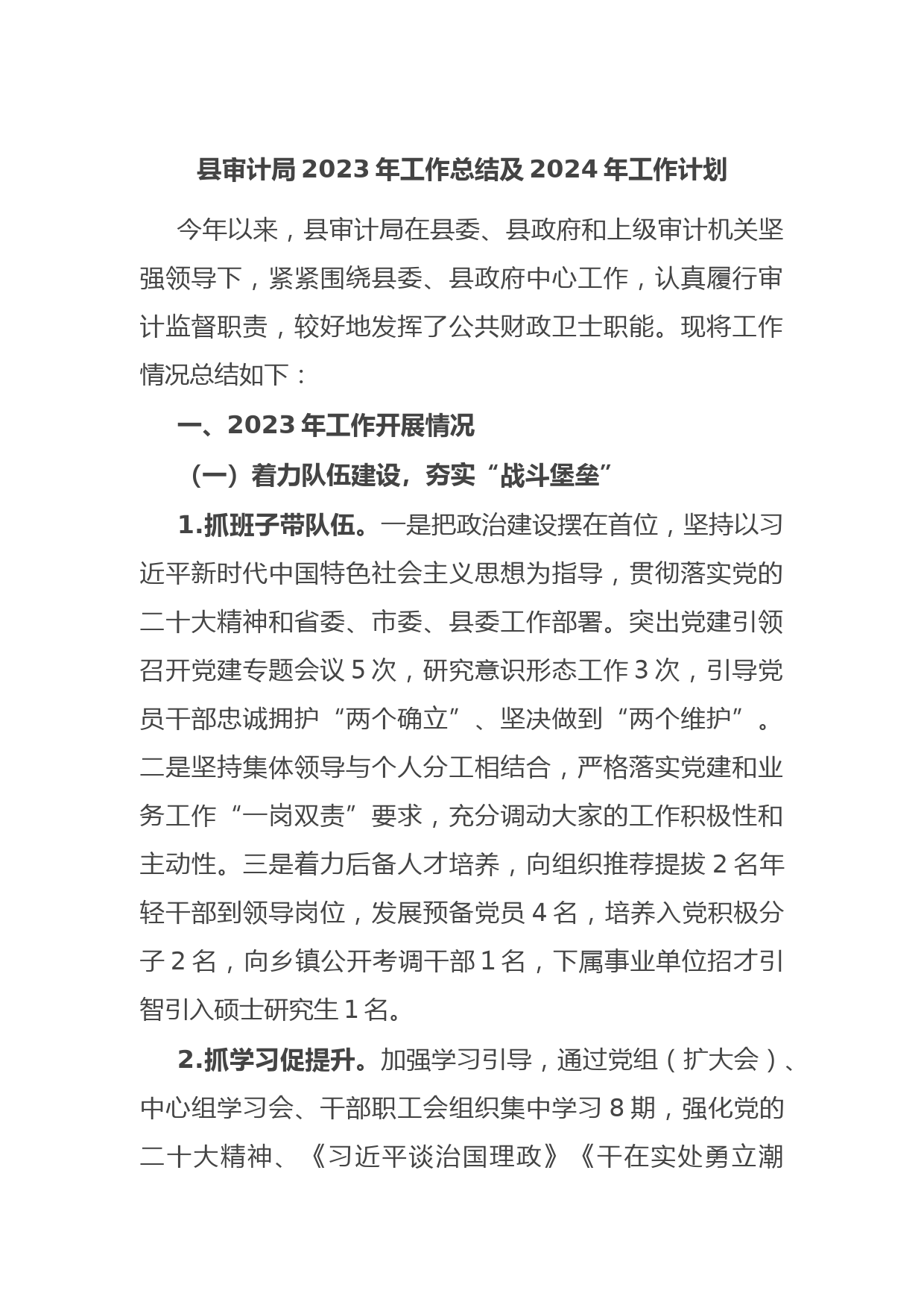 县审计局2023年工作总结及2024年工作计划