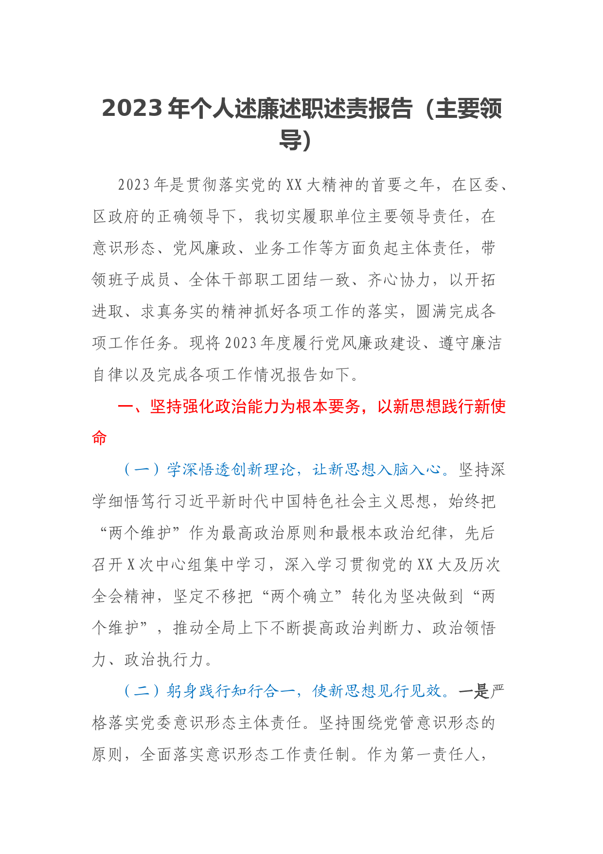 2023年个人述廉述职述责报告（主要领导）