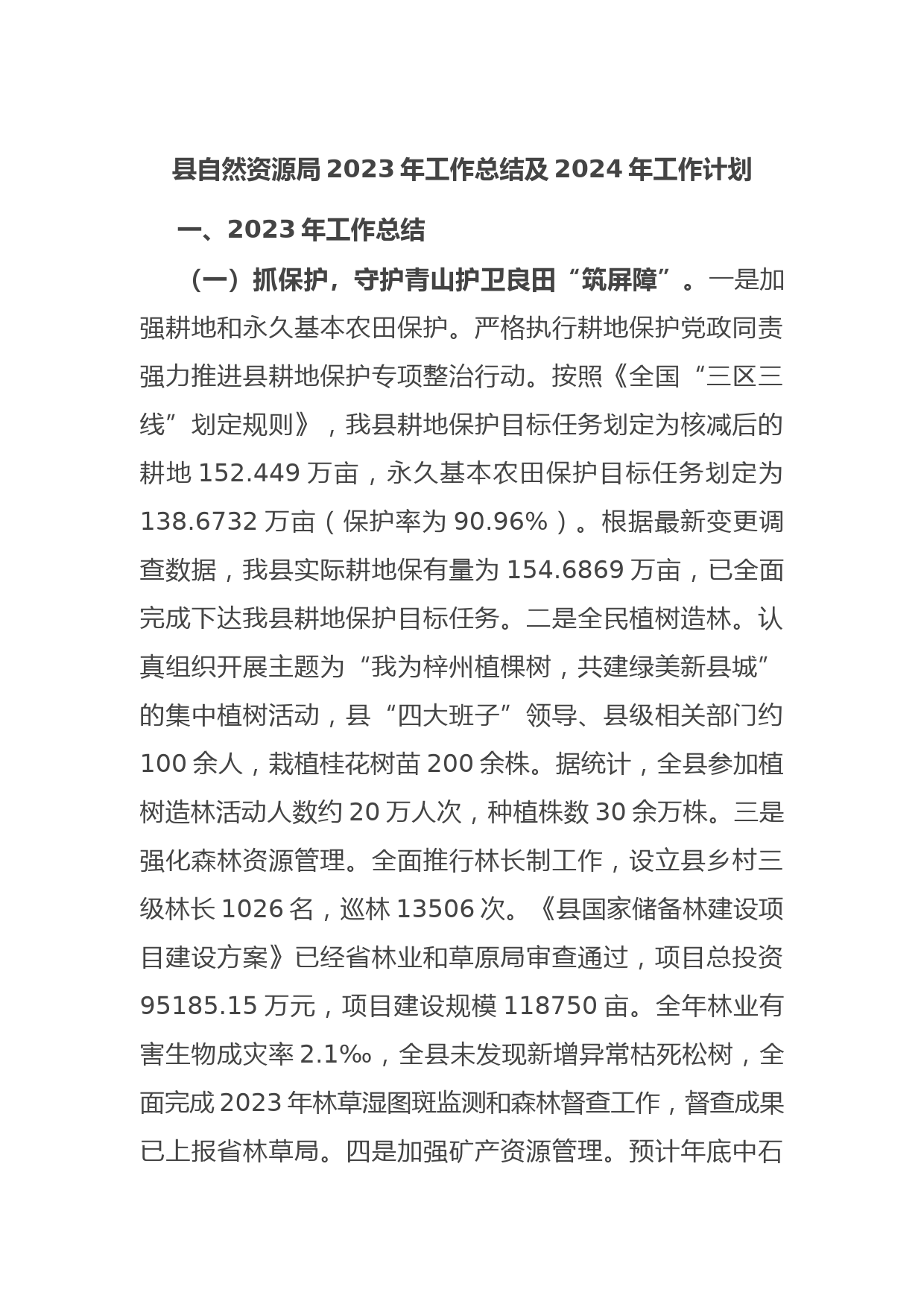 县自然资源局2023年工作总结及2024年工作计划