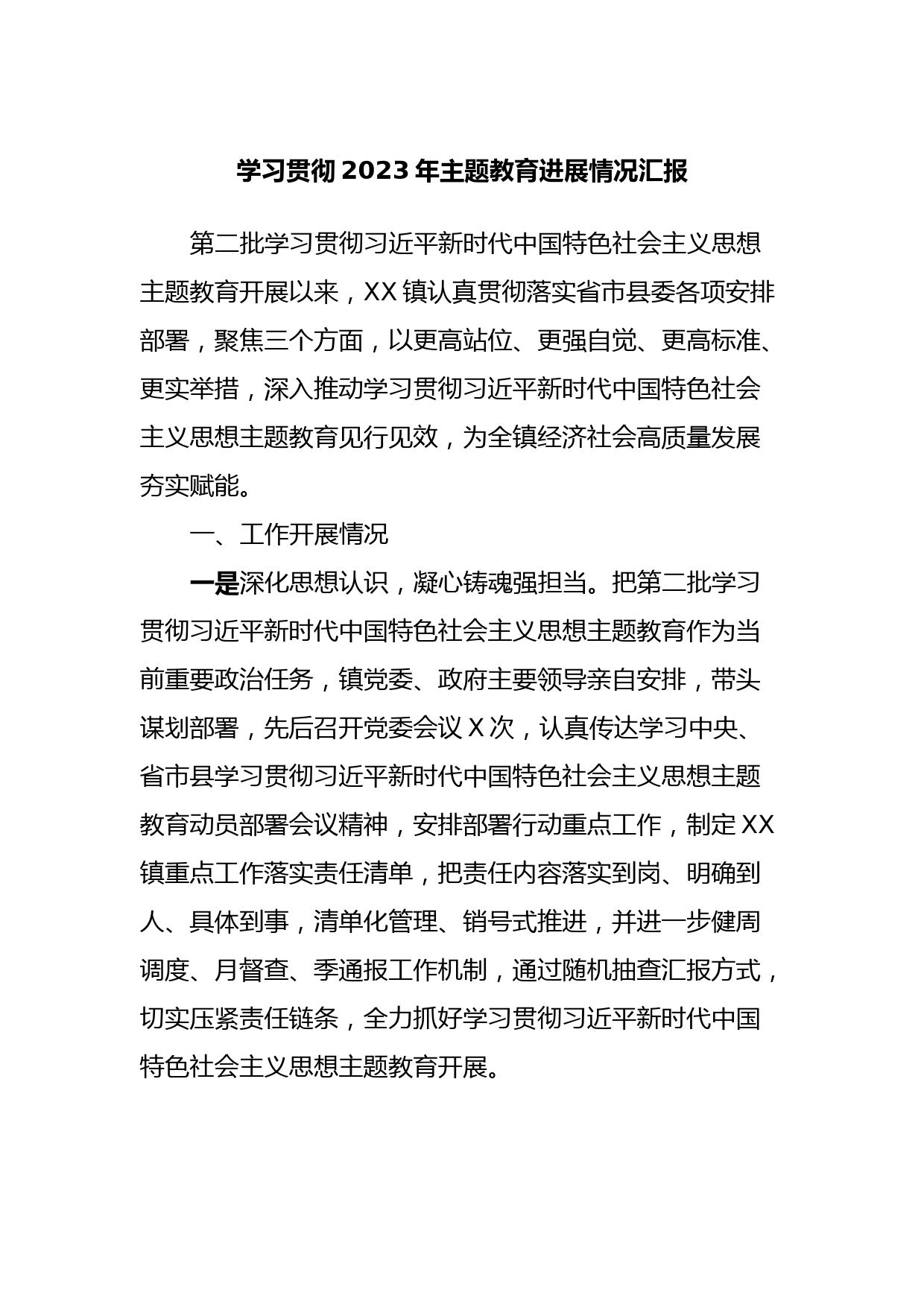 学习贯彻2023年主题教育进展情况汇报