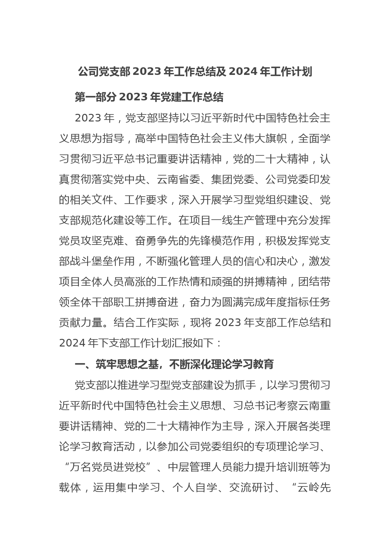 公司党支部2023年工作总结及2024年工作计划