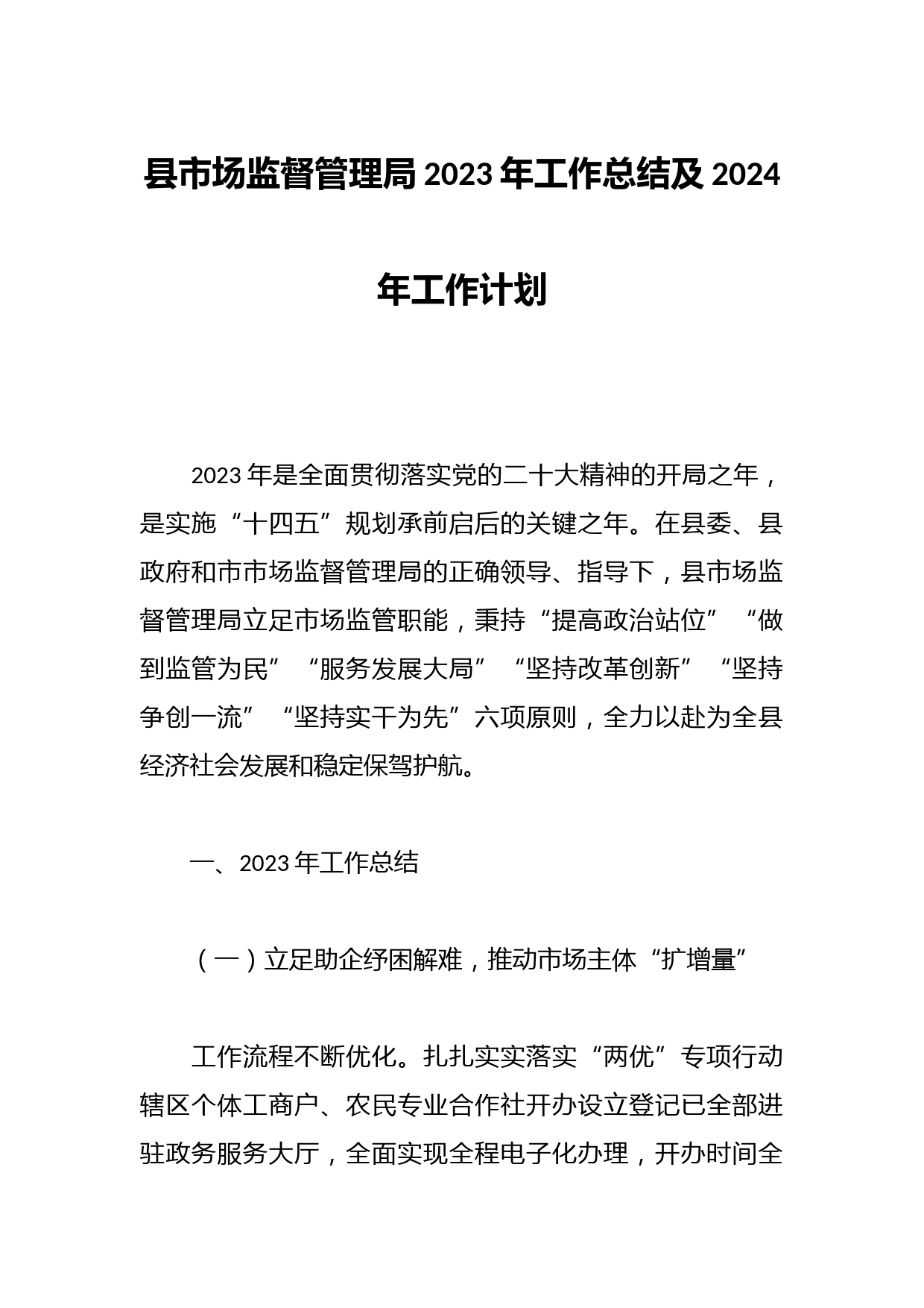 县市场监督管理局2023年工作总结及2024年工作计划
