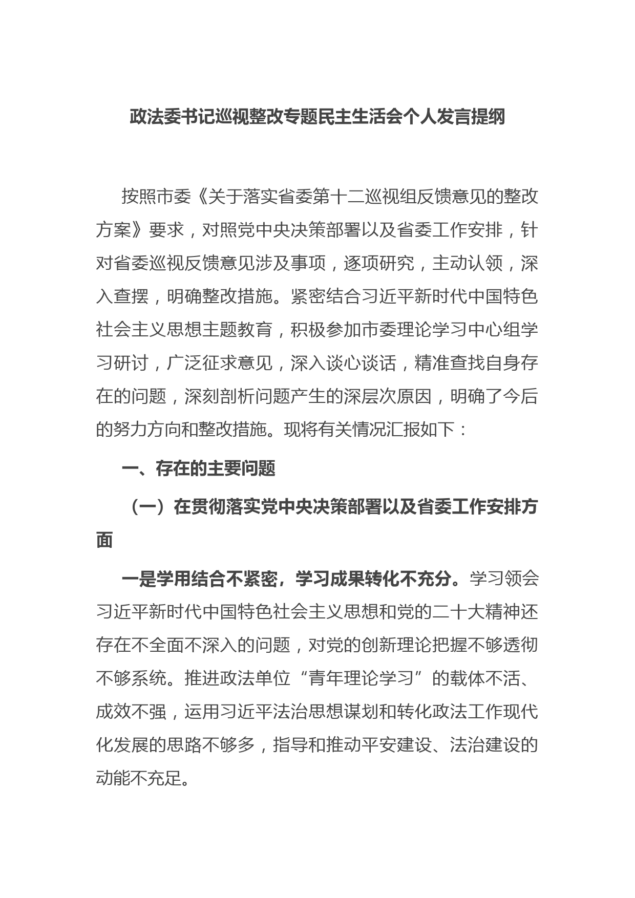 政法委书记巡视整改专题民主生活会个人发言提纲
