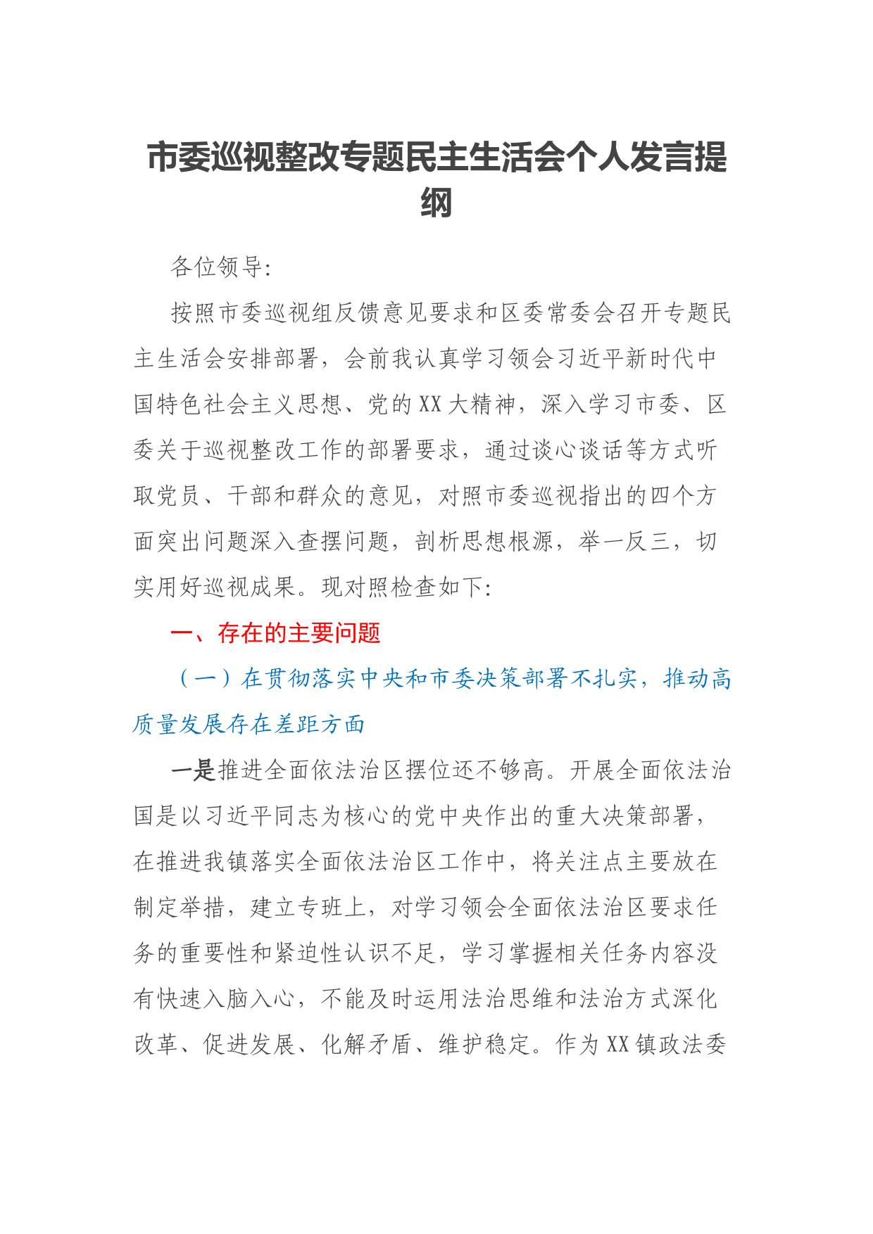市委巡视整改专题民主生活会个人发言提纲