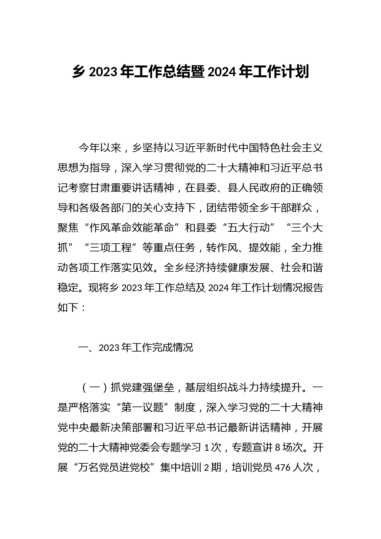 乡2023年工作总结暨2024年工作计划