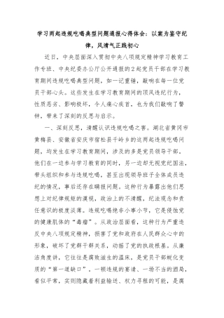 学习两起违规吃喝典型问题通报心得体会 以案为鉴守纪律，风清气正践初心