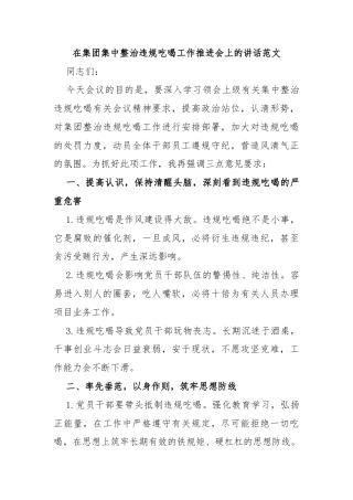 在集团集中整治违规吃喝工作推进会上的讲话范文
